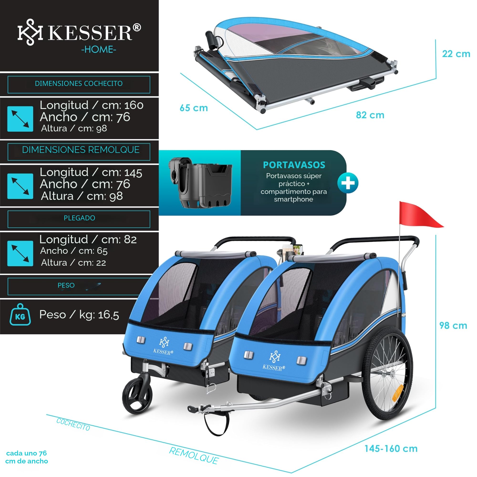 KESSER® Remolque para niños, Remolque para Bicicletas Sport-RX, 2 en 1, función Jogger, Remolque para Bicicletas para niños + cinturón de Seguridad de 5 Puntos, Rueda Delantera 360°