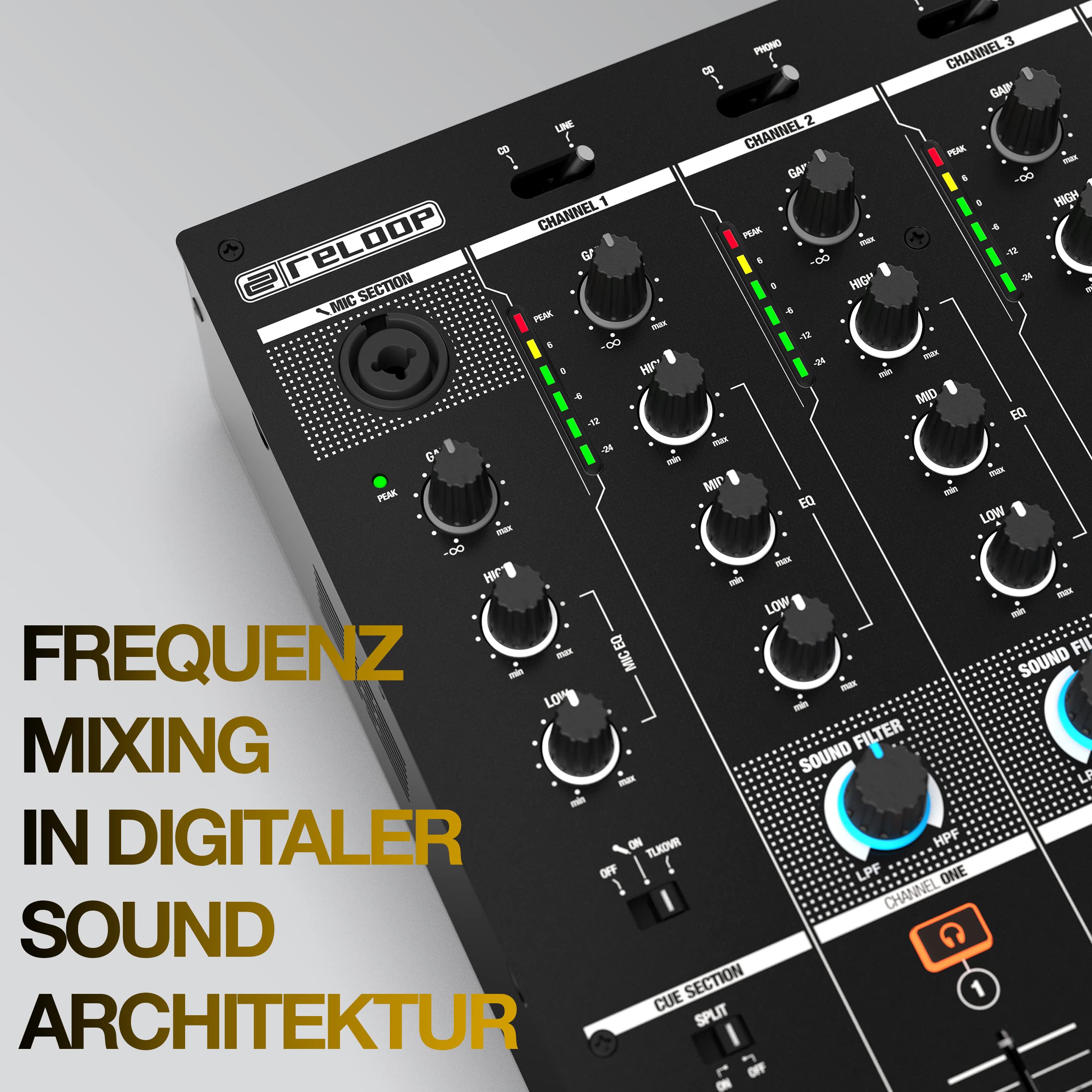 Reloop RMX-44 BT 4-Kanal-Bluetooth-DJ-Clubmixer, 9 Eingänge, 4 Ausgänge, Smart Connectivity Bluetooth Input mit Cue-Funktion