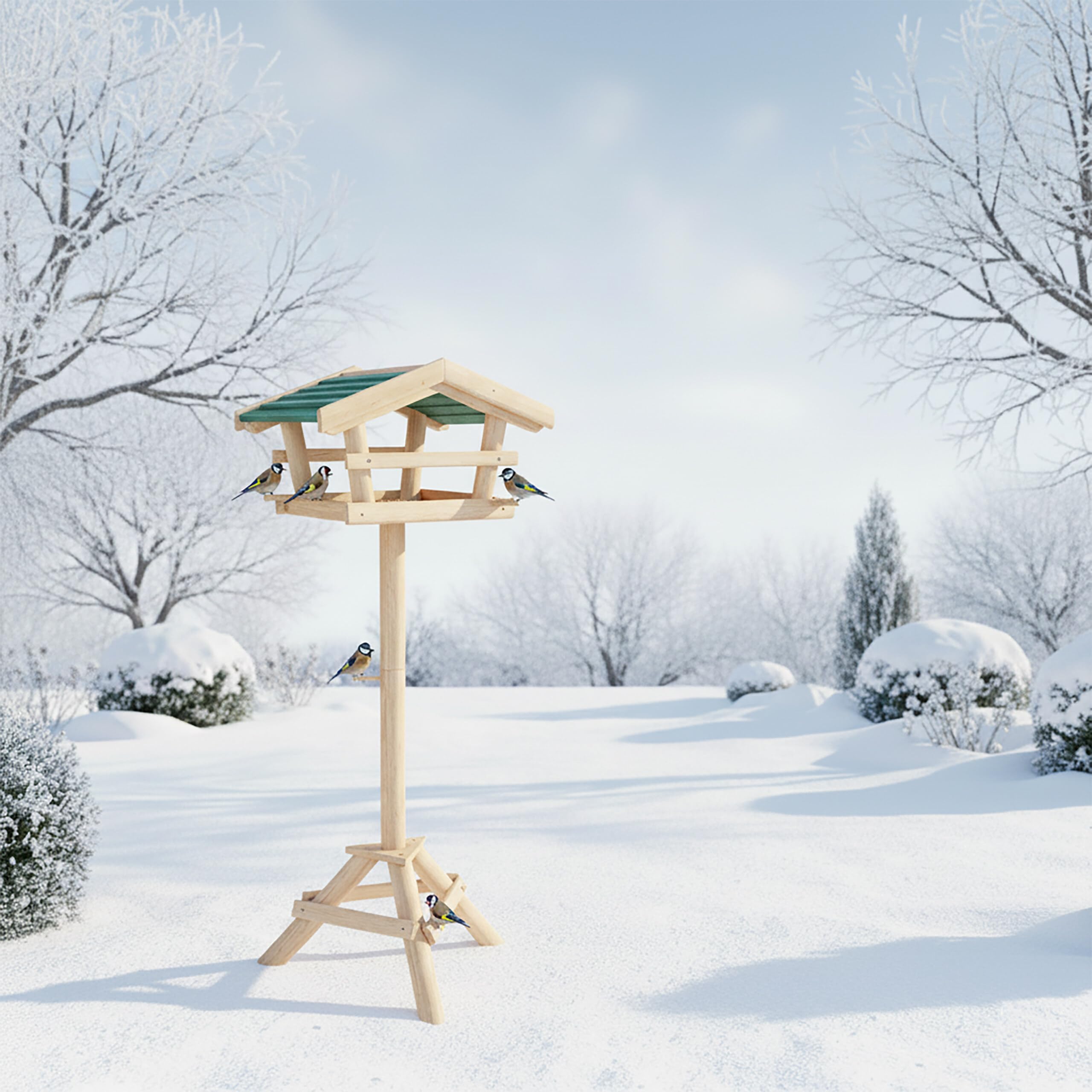 Relaxdays Cabane à oiseaux avec pied Support Décoration de jardin Mangeoire en bois Déco H x l x P: 100 x 37 x 43 cm, avec toit vert, 43x37x100 cm