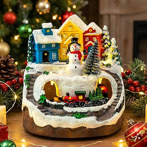 MXwcy Casa de pueblo navideño con tren en movimiento y música, figura de muñeco de nieve iluminada con 8 canciones navideñas, luces LED, edificio