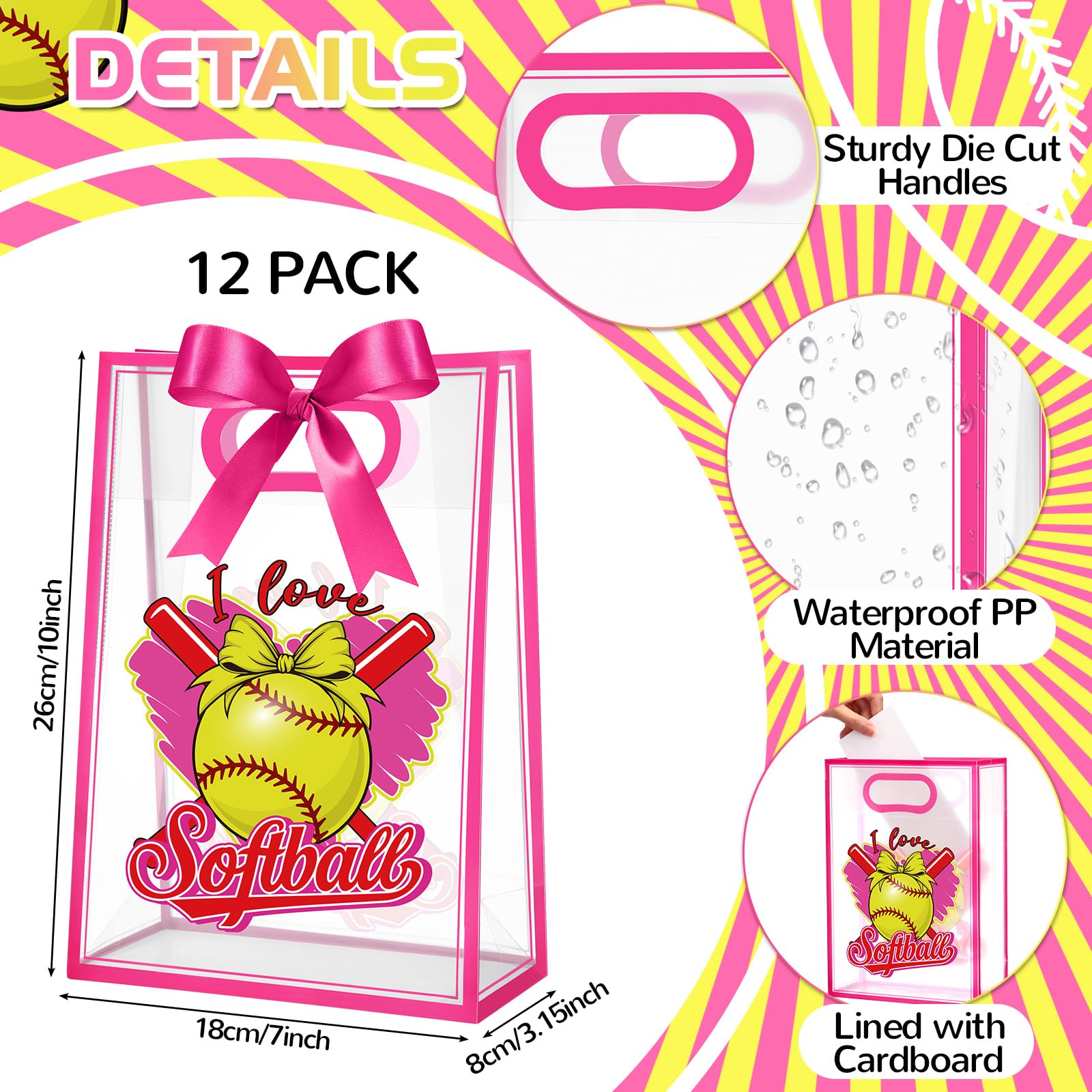 Aliceset 12 Pcs Softball Clear Goodie Bag with Die Cut Handles and Ribbons Sport Theme Party Favor Bags for Softball Team Snack Wrapping Teamer Gifts Birthday Party Treats Supplies, 7x10x3.15 Inch