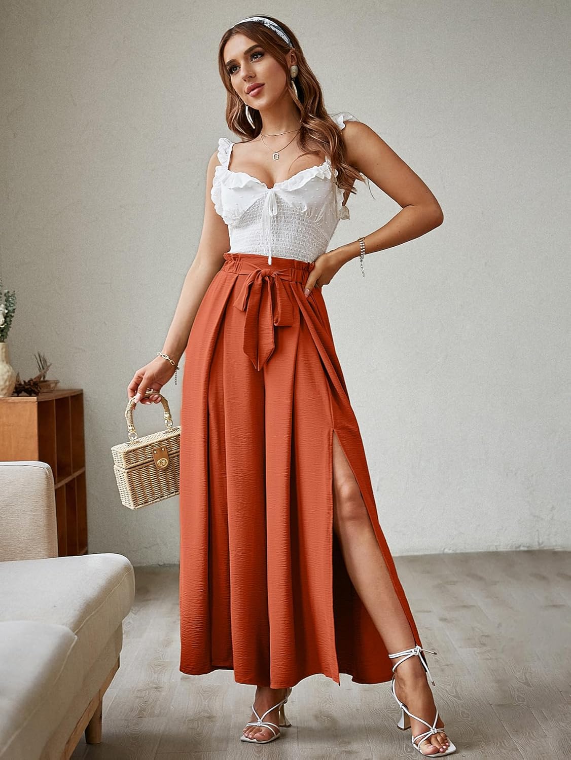 Simplee Women's Casual Split Wide Leg Pants High Waist Palazzo Flowy Beach Pants Summer Boho Lounge Pants with Pockets - Image 2