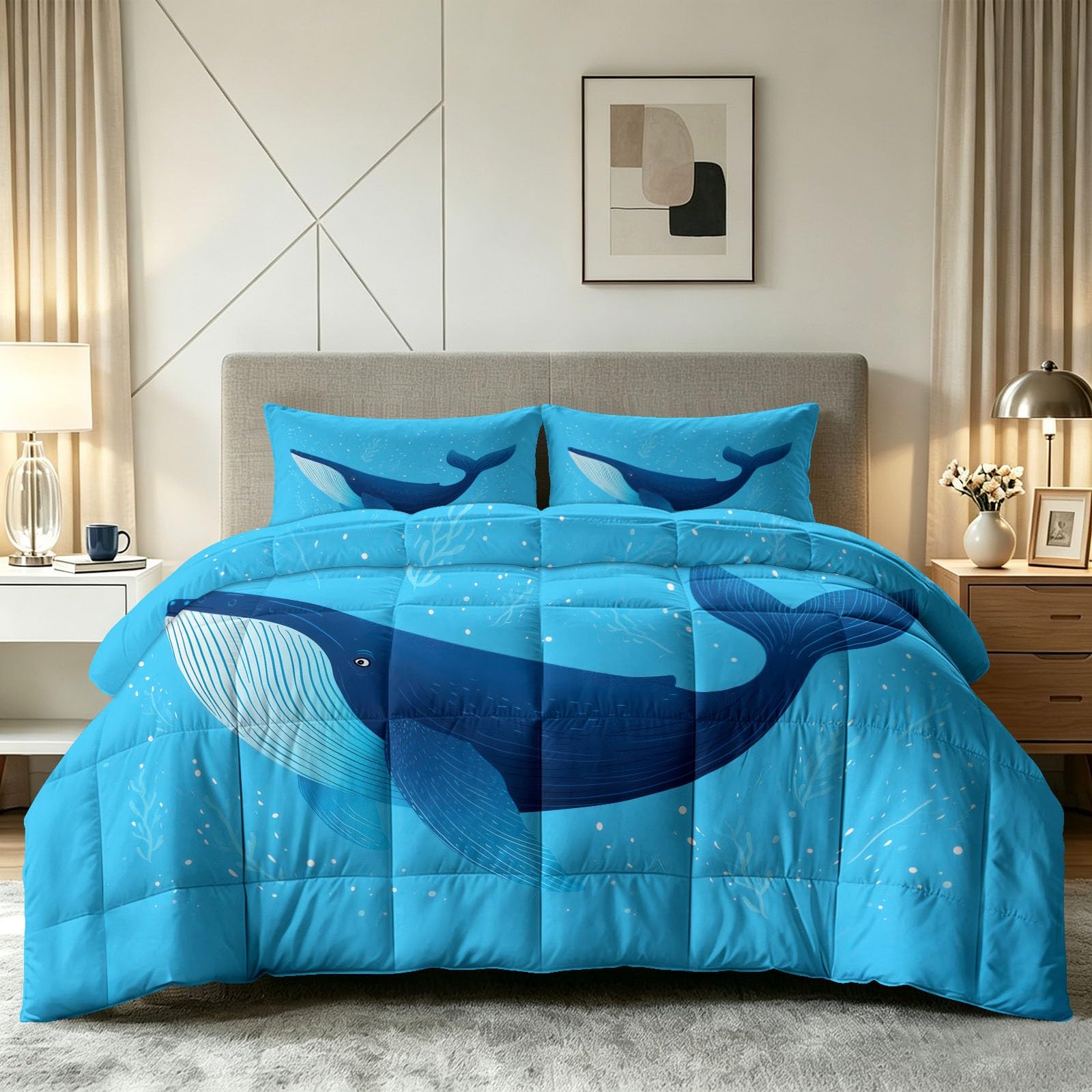 Kołdra z motywem oceanicznym, 135 x 200 cm, na 4 pory roku, dwustronna, morze, błękitny wieloryb, trawa morska, poszewka na kołdrę bez poszewki, przyjazna dla skóry, miękka, całoroczna kołdra z 2