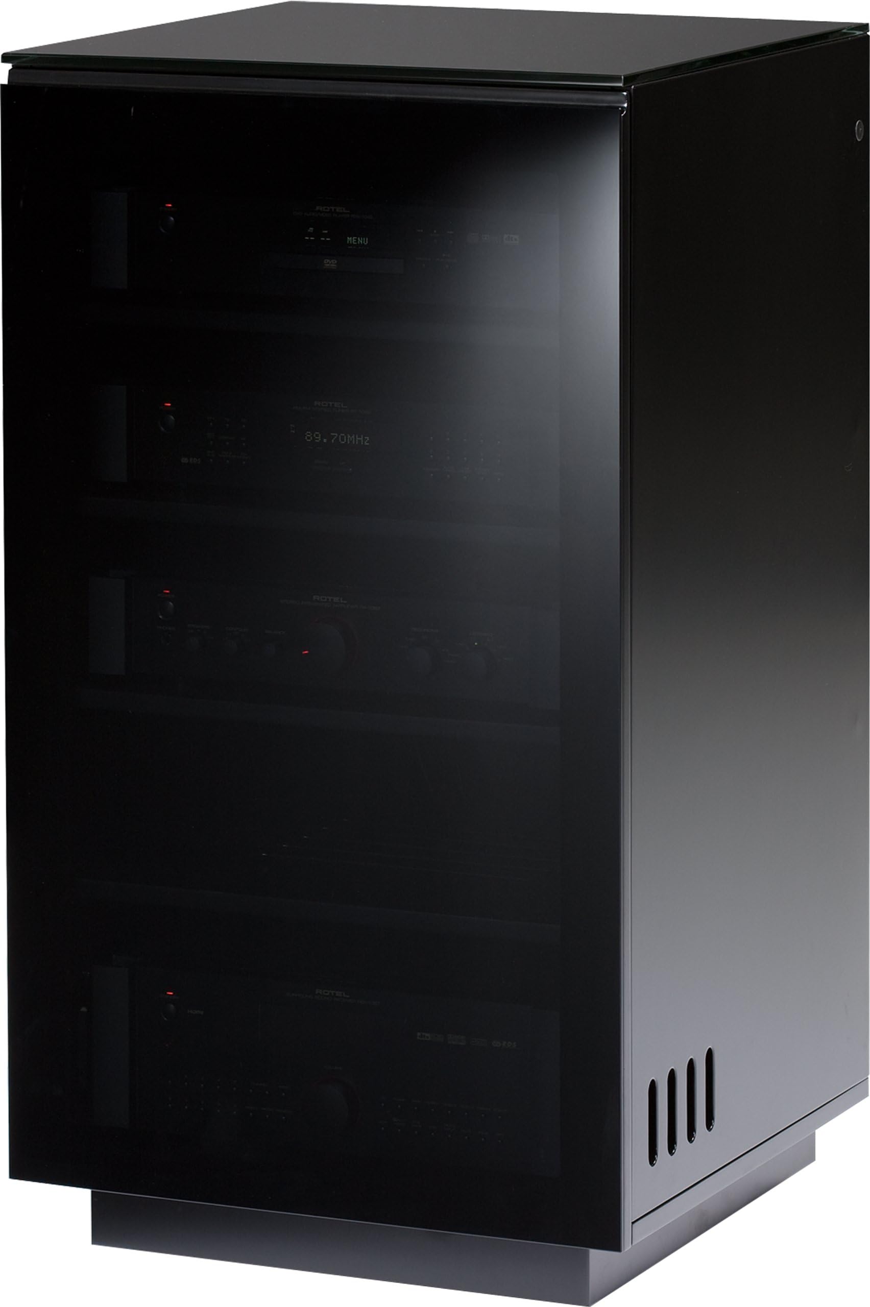 BDI Mirage 8222, Enclosed A/V Tower ( Satin Black with Black Glass Top)