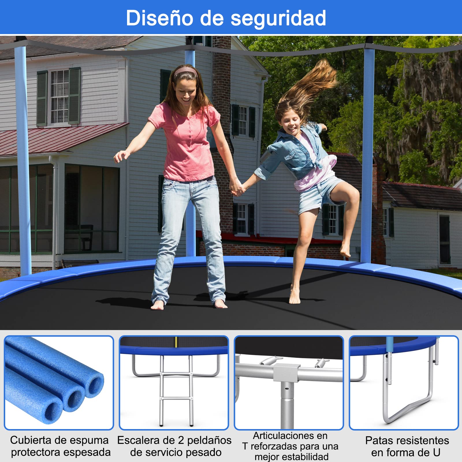COSTWAY Cama Elástica de Exterior 244/305/366/427 cm, Trampolín con Red de Seguridad, Tubos Galvanizados Antióxido, Escalera, Resistente a la Intemperie, para Niños y Adultos