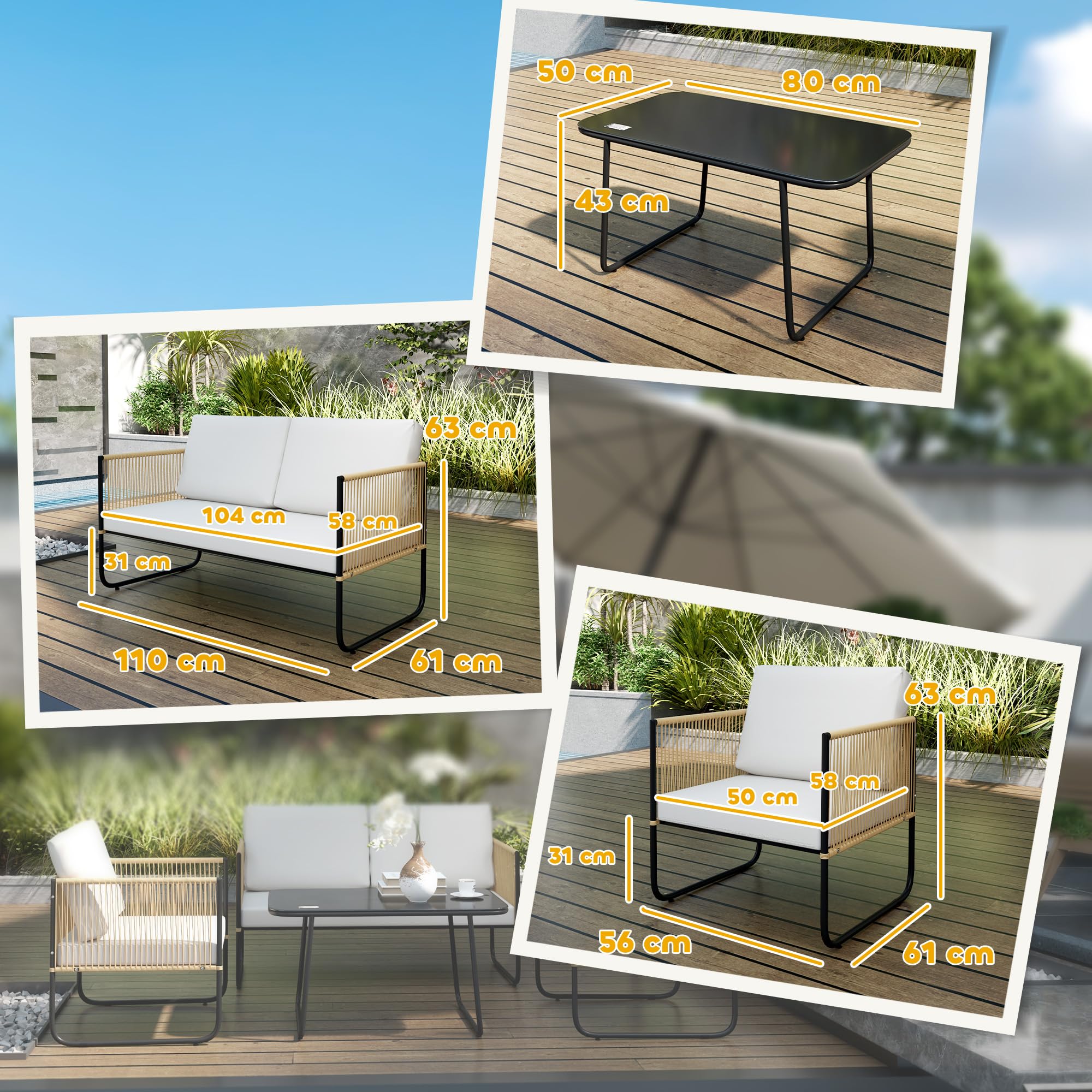 Outsunny Set di Mobili da Giardino in Rattan 4 Pezzi Color Legno e Crema | Salotto da Esterno, Divano a 2 Posti, 2 Poltrone, Tavolino Basso Rettangolare, Cuscini Lavabili, in Acciaio