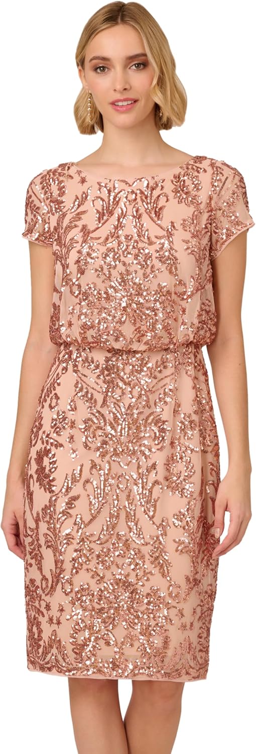 adrianna papell sequin short dress Adrianna Papell Short Sequin Shift Dress with Split Sleeves