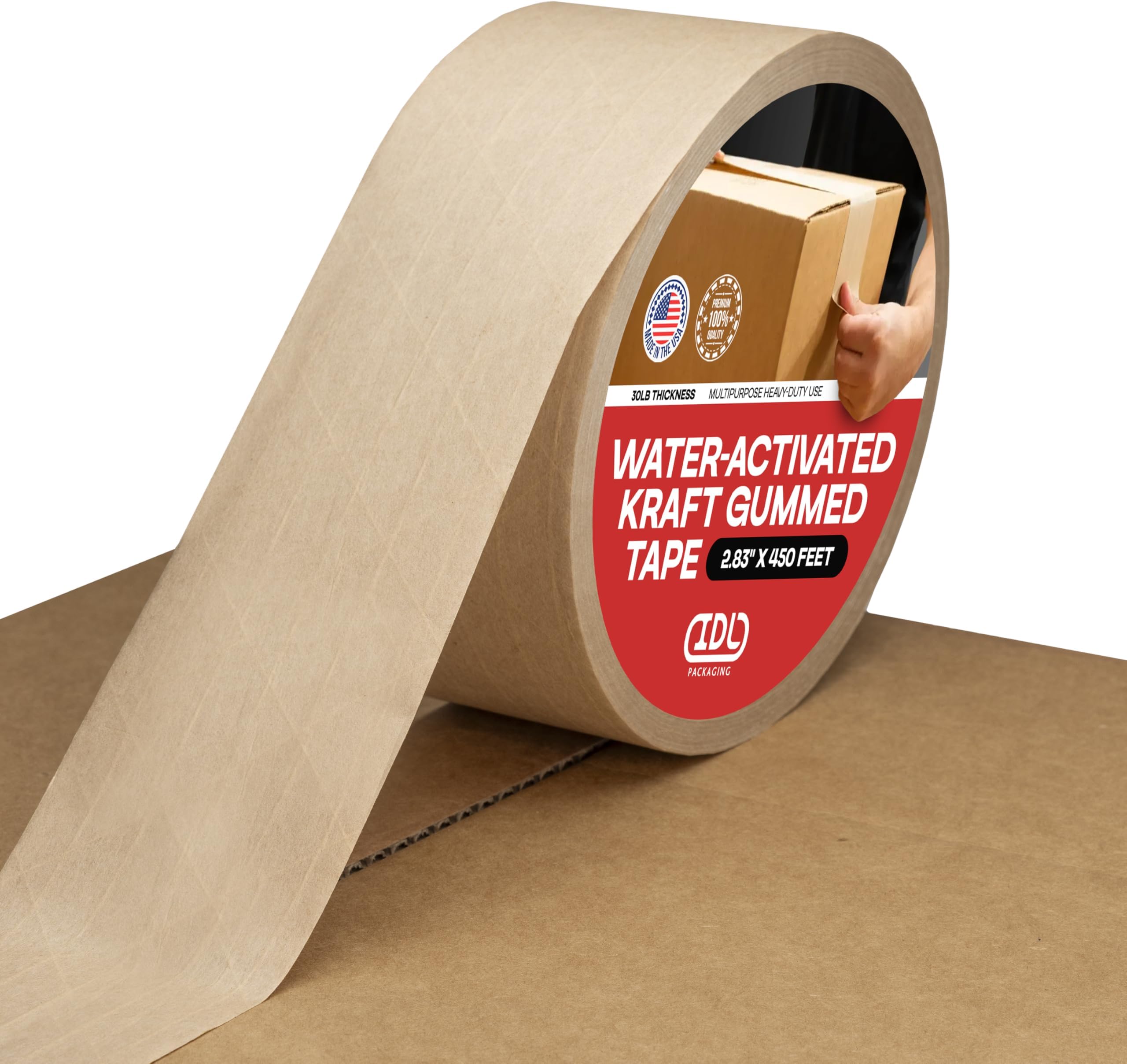 IDL Packaging 2.83" x 450 feet Reinforced Water-Activated Kraft Gummed Tape 30lb Thickness - Secure Paper Packing Tape for Secure Carton Sealing - Heavy-Duty Adhesive for All Conditions, Brown