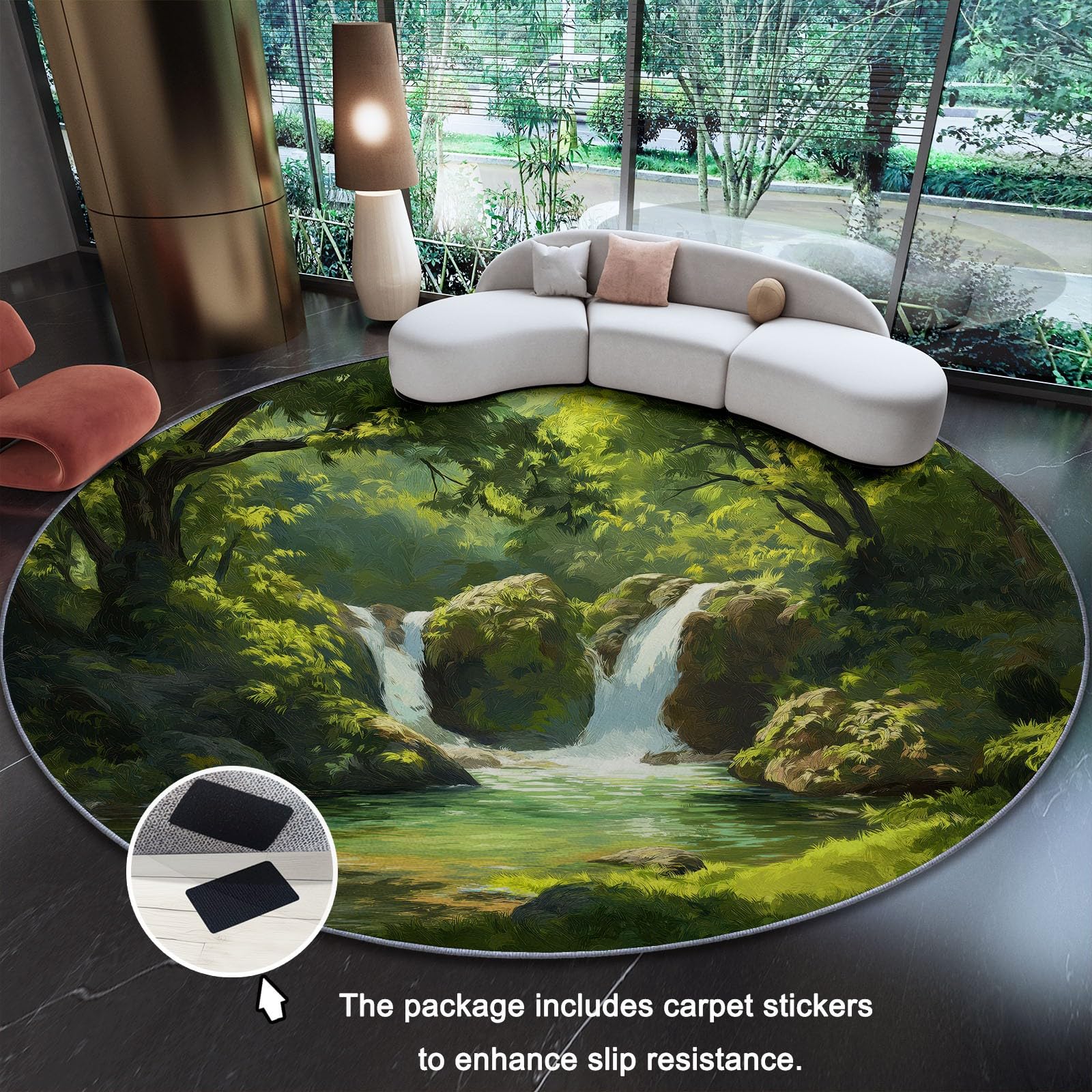 Générique Tapis Rond Forêt Naturelle Cascade 120 cm, Lavable en Machine pour Salon Antidérapant Imprimé pour Salle à Manger, Chambre d’Enfant Nurserie, Vert