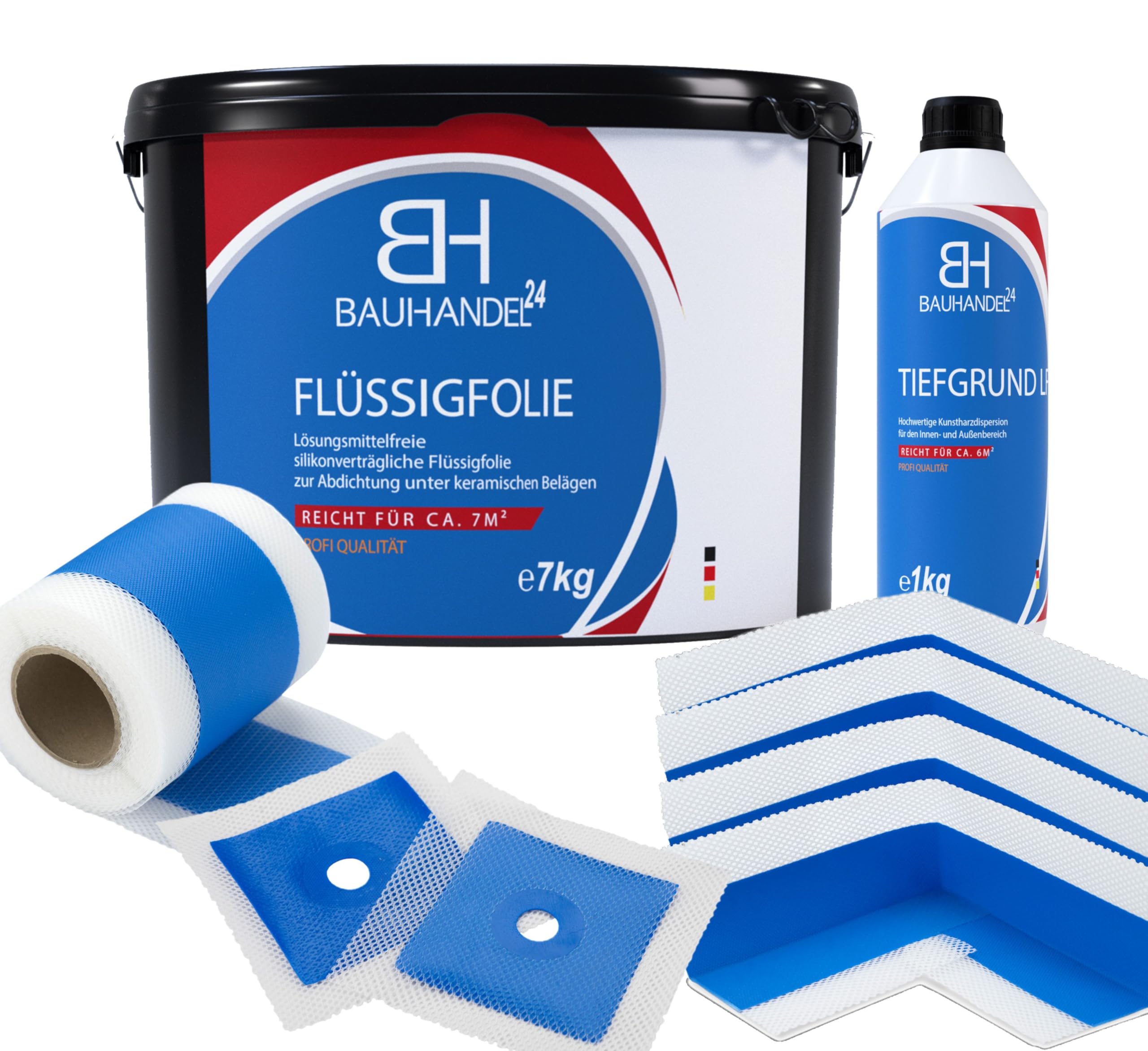 Bauhandel24-7kg Flüssigfolie Bad, 10m Dichtband Set, 4 Innenecken Dusche, 2 Manschetten, 1kg Voranstrich Abdichtung
