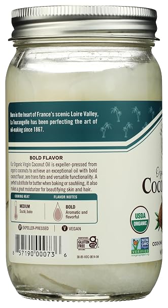 La Tourangelle Organic Virgin Unrefined Coconut Oil 14 Fl. Oz, Organic Coconut Oil, Great for Cooking Baking and Hair and Skin Care