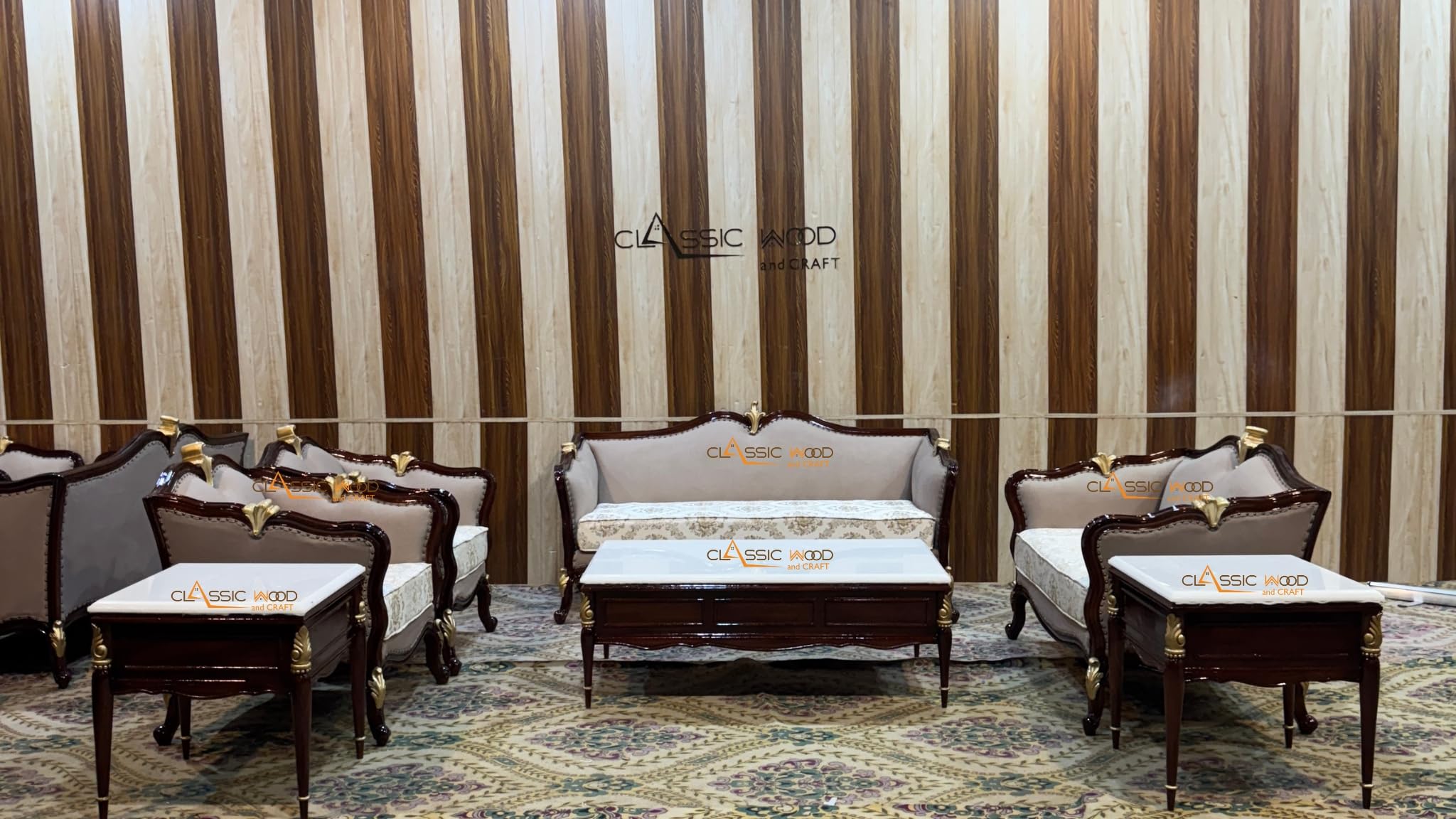 Classic Wood & Craft Luxury 7-Seater Wooden Sofa Set | Hand-Carved Teak Wood Sofa with Onex Top Center Table & Side Tables | Victorian Style Upholstered Sofa Set | Royal Living Room Furniture for Home-image-31