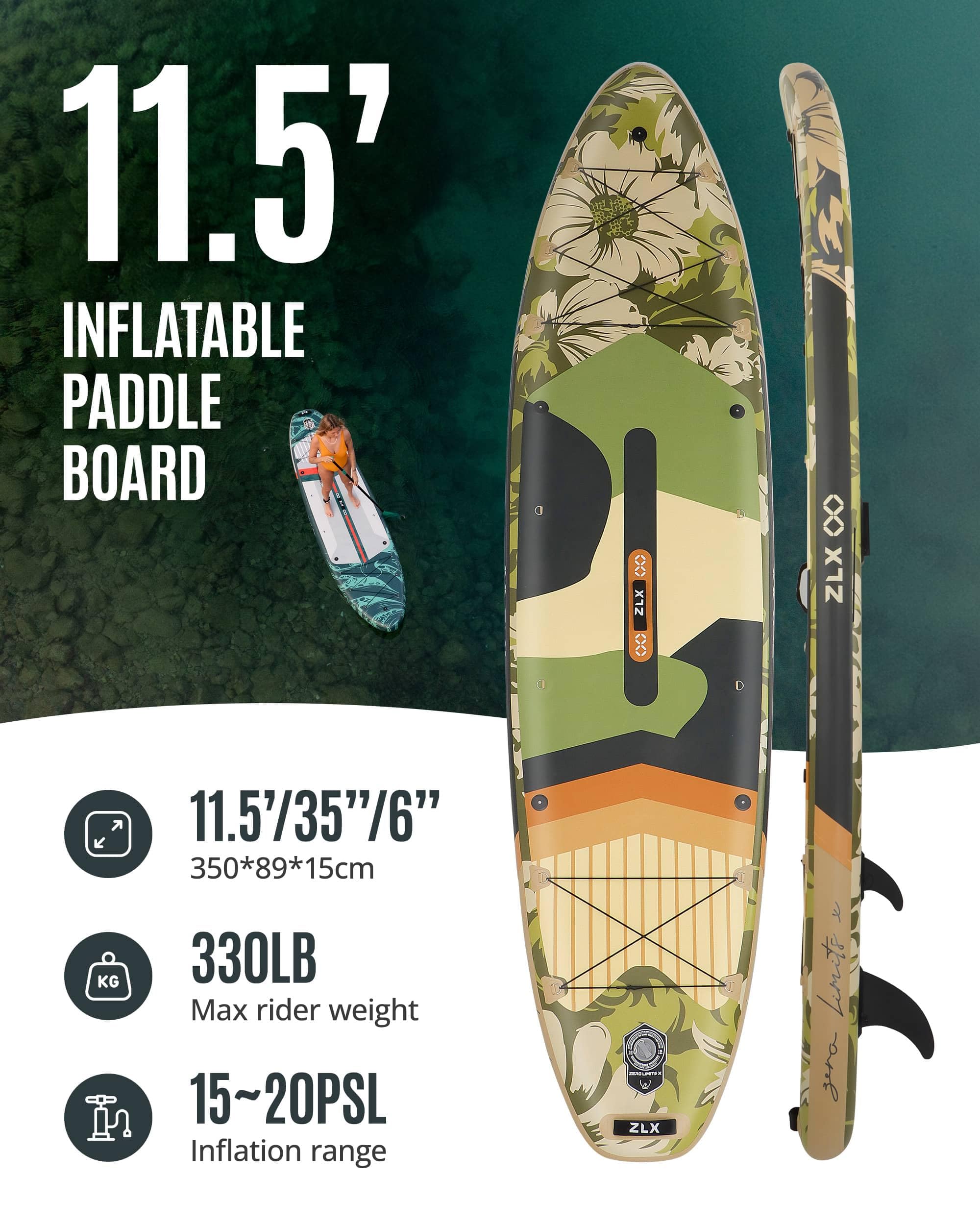ZLX 350 CM Gonfiabile Stand Up Paddle Board Perfetto per tutti i livelli di abilità, adulti e giovani Ampio design stabile, copertura antiscivolo, pagaia regolabile, guinzaglio di sicurezza e borsa