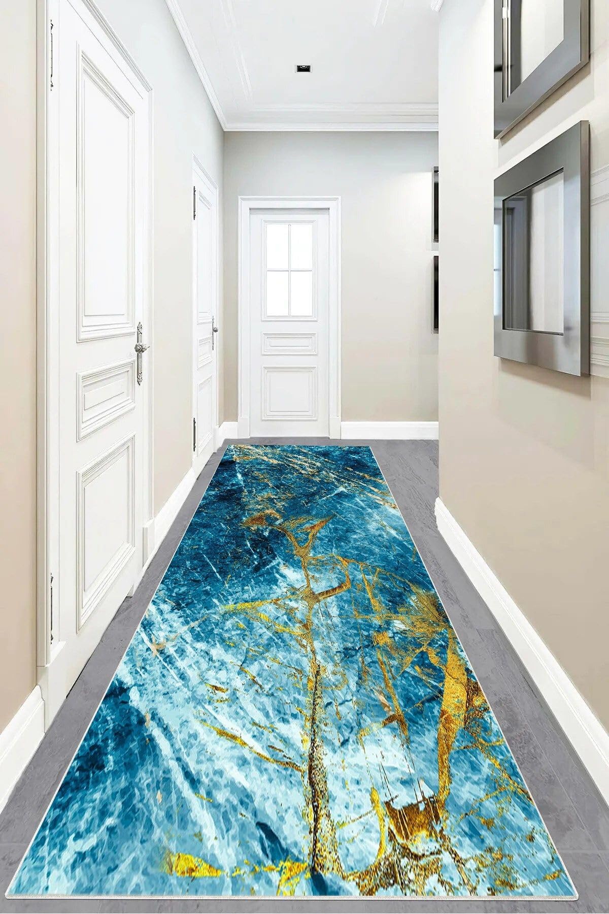 Pelangi Gold Detaylı Okyanus Esintili Dijital Baskı Yıkanabilir Modern Salon Halı, Mavi 100 x 250, 95547261002507