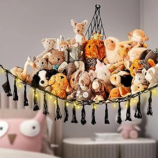 Stuffed Animal Net Or Hammock Stuffed Animal Storage with Led Extra Large Stuffed Animal Net Boho Toy Hammock For Stuffed Animals Plush Cream Toy Storage Holder For Kids Bedroom (Black)