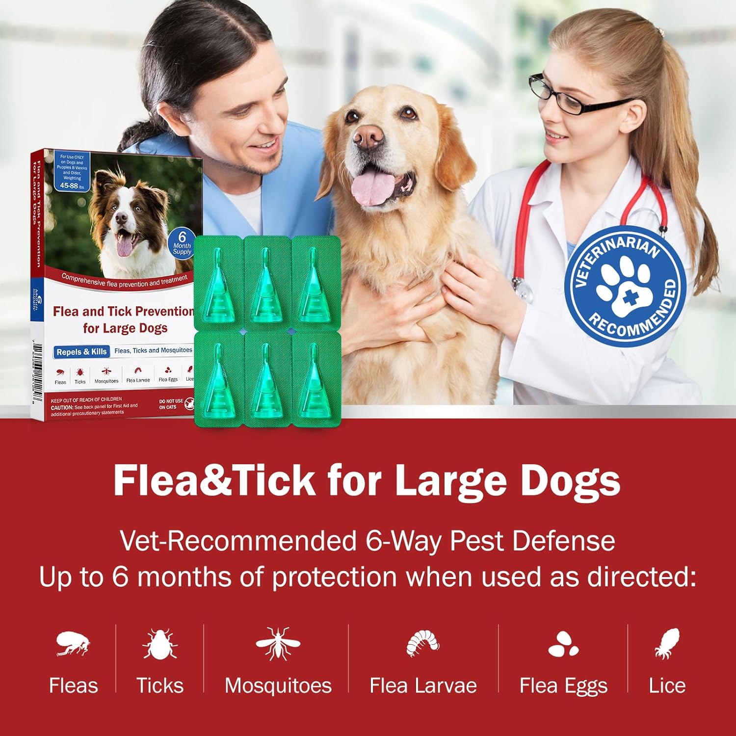 Flea and Tick Prevention for Dogs, 6-Month Supply, Dog Flea Control, Repellent, 44–88 lbs, 24-Hour Protect, Flea Supplements for Dogs, Nutritional Supplements