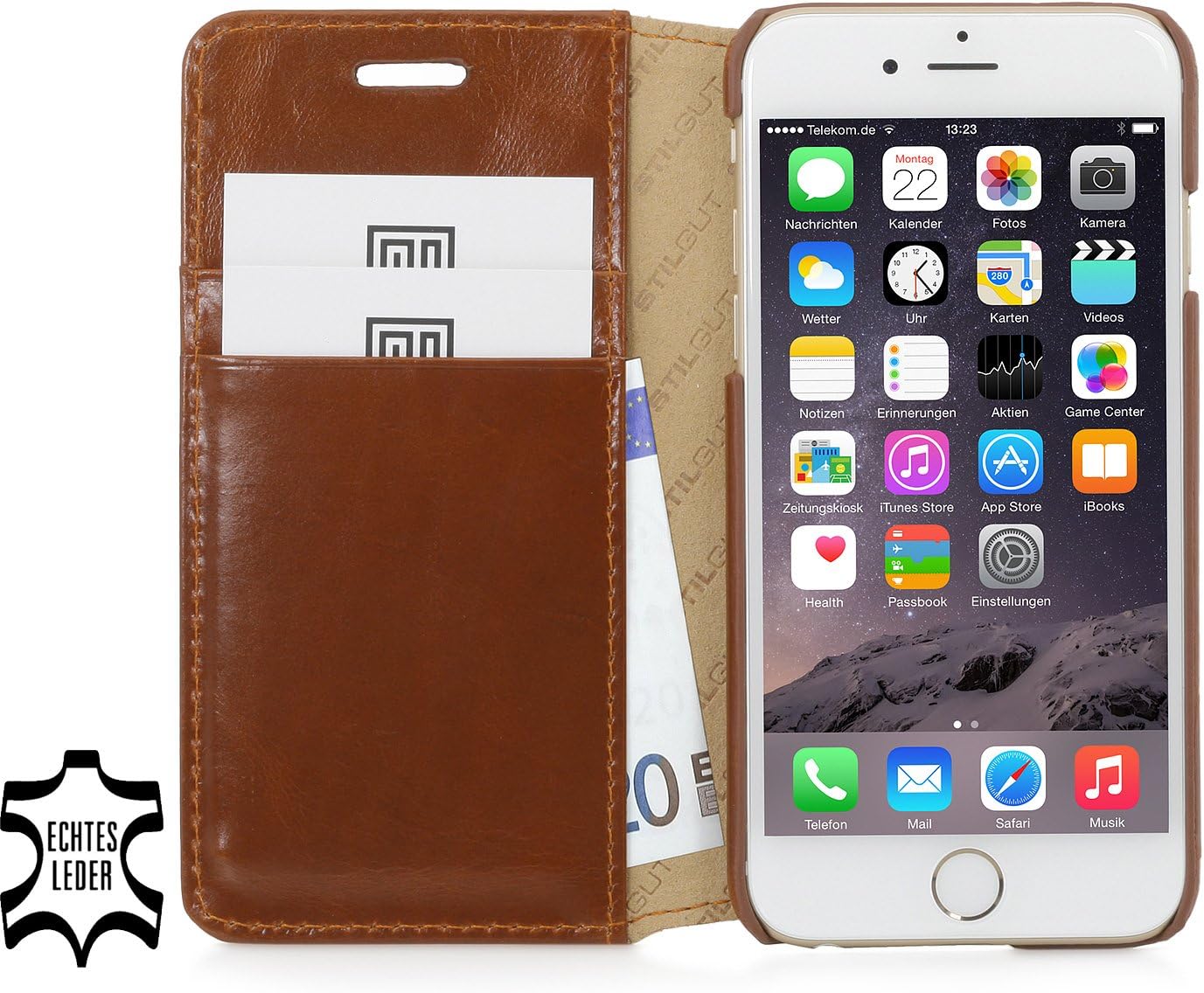 StilGut Talis Without Clip, Genuine Leather Wallet Case for Apple iPhone 6 & iPhone 6s (4.7''), Cognac Brown