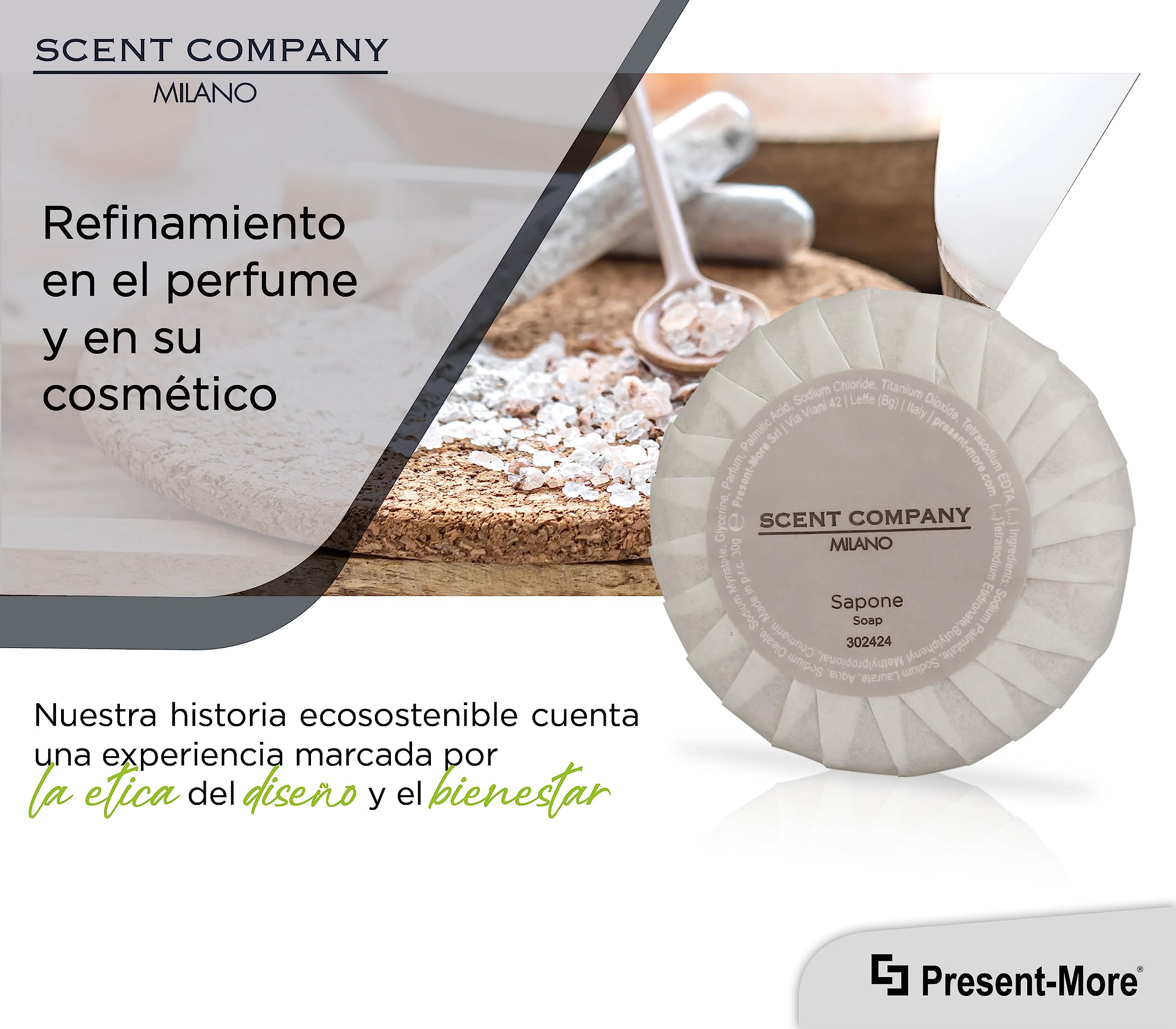 Present-More Jabon manos 30gr Scent Company Milano - Jabon 250 unidades para Hoteles y B&B | Jabon con fragancia Ámbar Real