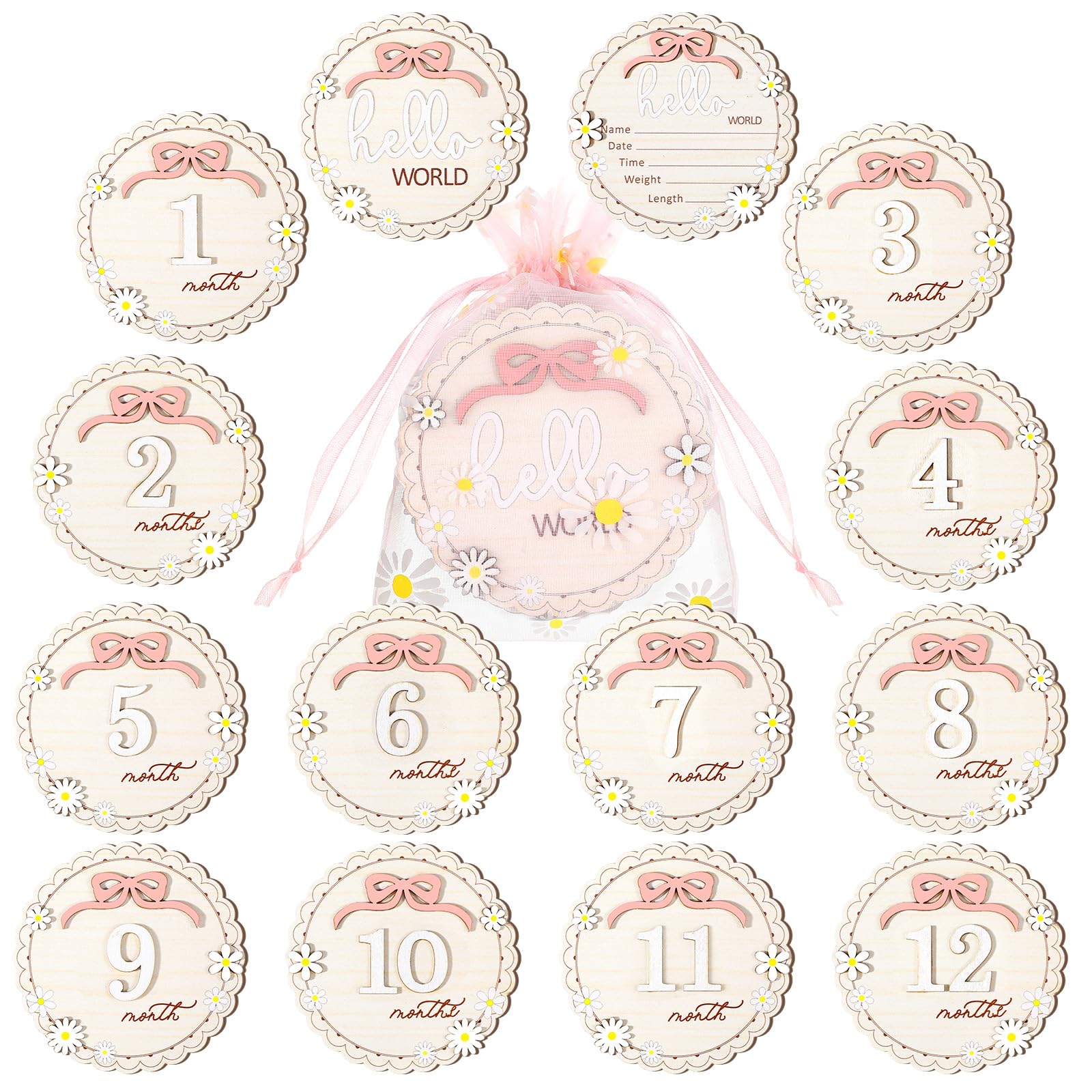 Cinnvoice 8 Pcs 3D Baby Milestone Cards with Bag Double Sided Bow Hello World Newborn Name Announcement Signs 1-12 Months Girl Daisy Milestone Wooden