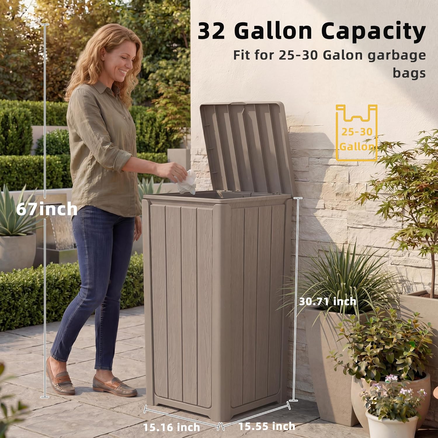 EFU 32 Gallon Outdoor Trash Can with Lid, Waterproof Garbage Can for Patio Backyard Deck Porch, Heavy Duty Commercial Waste Container Bin for 30 to 33 Gallon Trash Bags, Grey