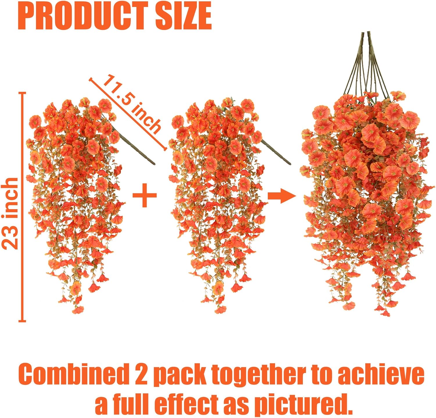 Artificial Fake Hanging Flowers Plants for Outdoor Outside Spring Summer Decoration 2PCS Faux Silk UV Resistant Realistic Morning Glory with Eucalyptus for Home Porch Patio Balcony(Fall Orange) - Image 5