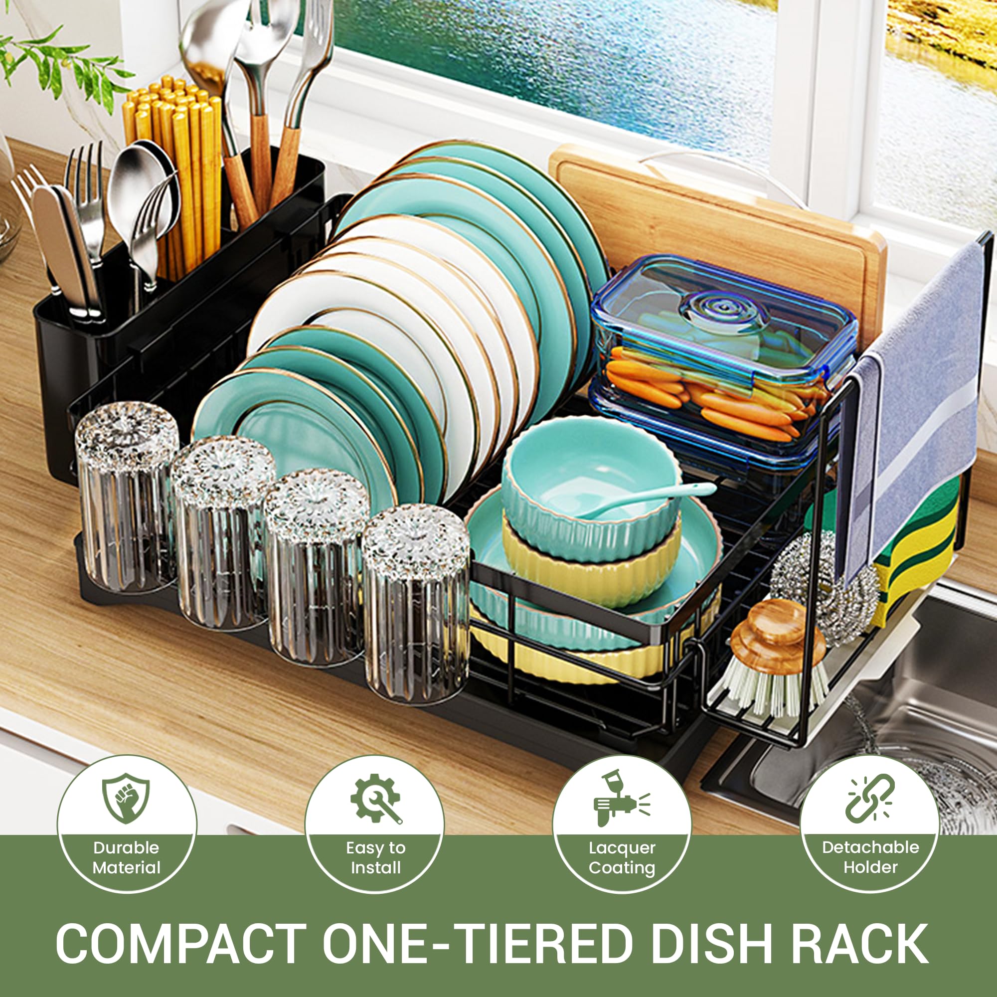 Dish Rack for Kitchen Counter, Rust-Proof Iron, 1 Tier, Detachable Cup Holder, 270 Degree Water Slot - Black