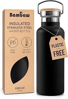 Bambaw Insulated Water Bottle 32 oz, Wide Mouth Stainless Steel Water Bottle with Handle, Made of High-Grade Stainless Steel, Convenient for Hot & Cold Drinks (Jet Black)