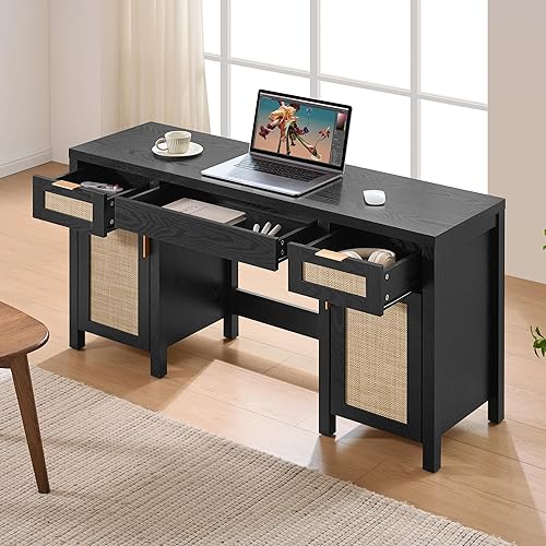 Miniatura 6 de SICOTAS Tocador de Ratán para Oficina en Casa - 52" Gran Tocador de Maquillaje Estilo Granja Bohemio Mesa de Vestidor con 3 Cajones y 2 Gabinetes de