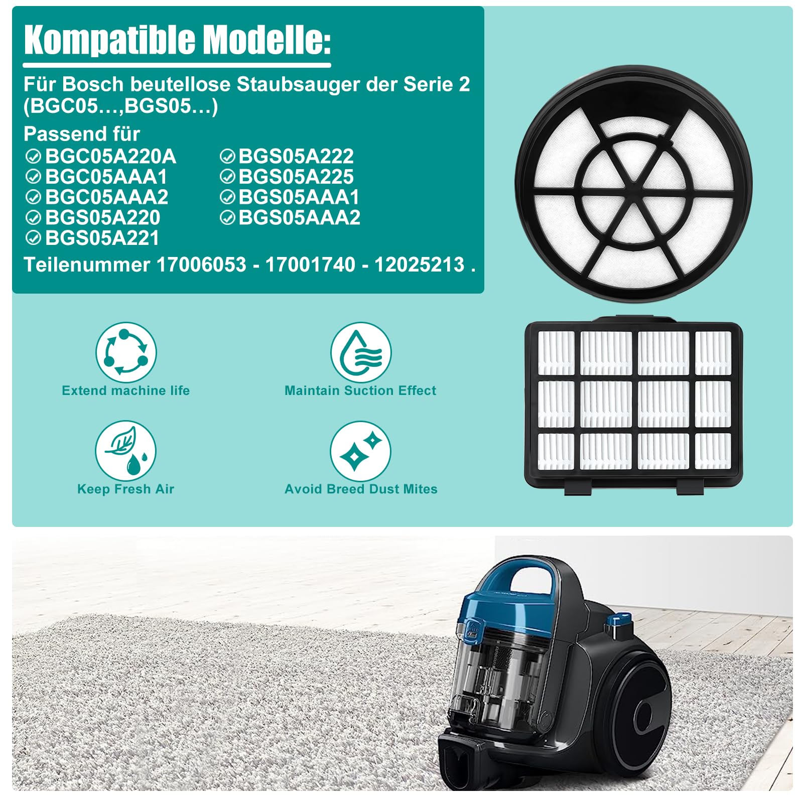 4 pezzi filtri accessori per aspirapolvere Bosch Serie 2 BGC05A220A, BGC05A320, BGC05A322, BGC05AAA1, BGS05A221, BGS05A222, BGS05AAA2/01, BGS05A220/02, filtro Hepa protezione motore Filtro, filtro di