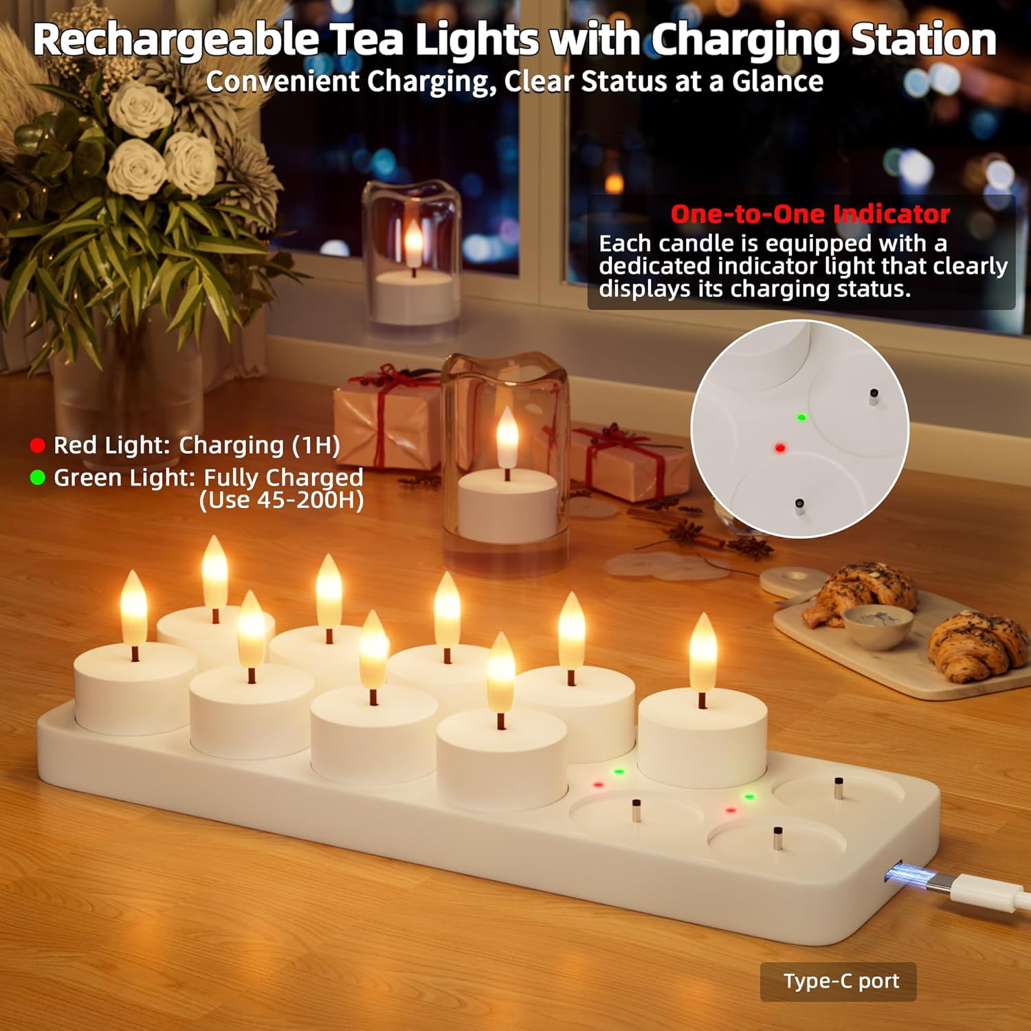 Rechargeable Flameless Tea Lights Candles with Charging Station 12Pcs Battery Tea Lights Candles with Remote & Timer LED Tealight Flickering Realistic for Home Christmas Wedding Decor - White - Image 4