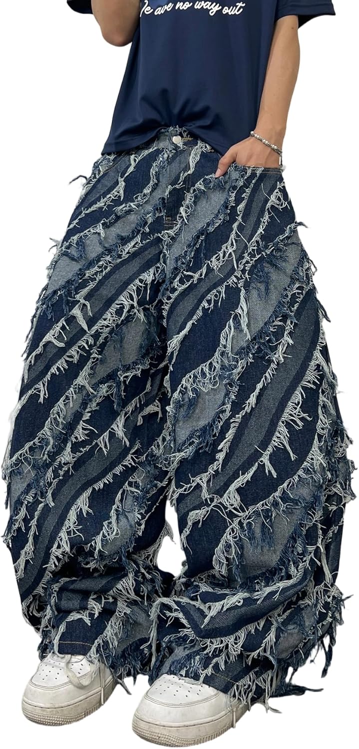 Men's Wide Leg Baggy Jeans Vintage Patchwork Denim Pants Y2K Streetwear Distressed Jeans