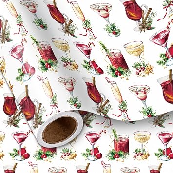 LeZakaa Christmas Martini Wrapping Paper Roll, Holiday Cocktail Drink Pattern Watercolor Style Gift Wrap for Food Lovers, Party Hosts, Bartender Gifts, Mini Roll 17" x 16.4 ft