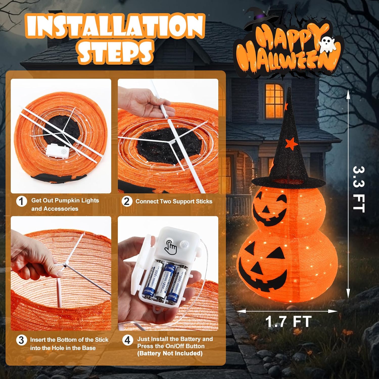 Halloween Pumpkin Decorations Collapsible with Motion Sensor Spooky Music 6 Mode, 3.3 FT Pumpkin Lights 50 LED Light Up Jack O Lantern for Indoor Outdoor Porch Garden Yard Halloween Horror Party Decor