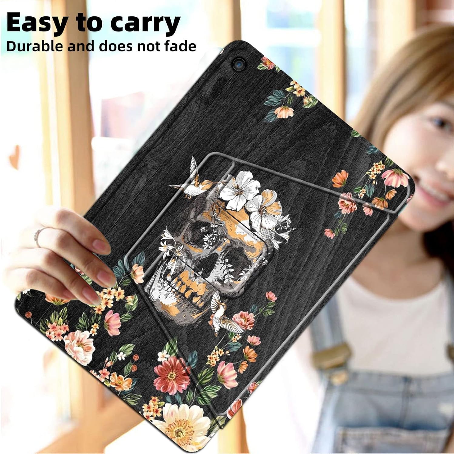 Case for All-New Kindle Fire HD 8 & 8 Plus Tablet (12th Generation/10th Gen,2022/2020 Release) 8",Multi-Angle Viewing 360 Degree Rotating Stand Folio Cover with Auto Wake/Sleep,Hummingbird in Skull