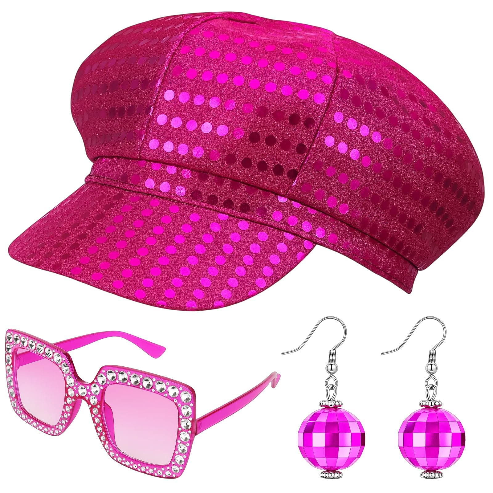 3Pcs Abba Accessories, Abba Hat Sequin Hat Women Disco Accessories with Glitter Hat Cap Sunglasses Earrings Disco Costume Set, Abba Costume Accessories for Cosplay Festival Retro Party Hippie Discos