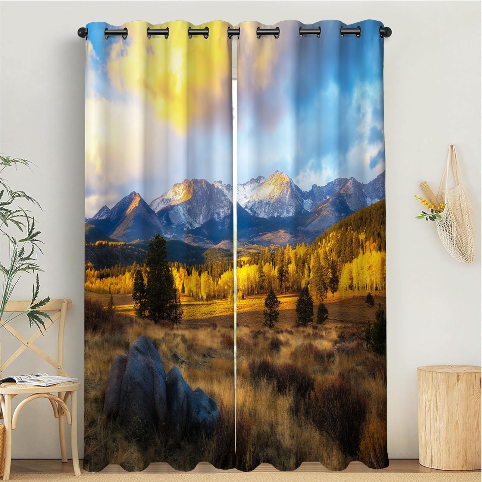 Rideau Occultant Isolant Thermique, Anti Froid Rideaux Opaque pour Chambre Coucher Salon Paysage Décor Chambre, Motif Vallée Champ, 140L X 225H cm, 2 Panneaux, Or Bleu