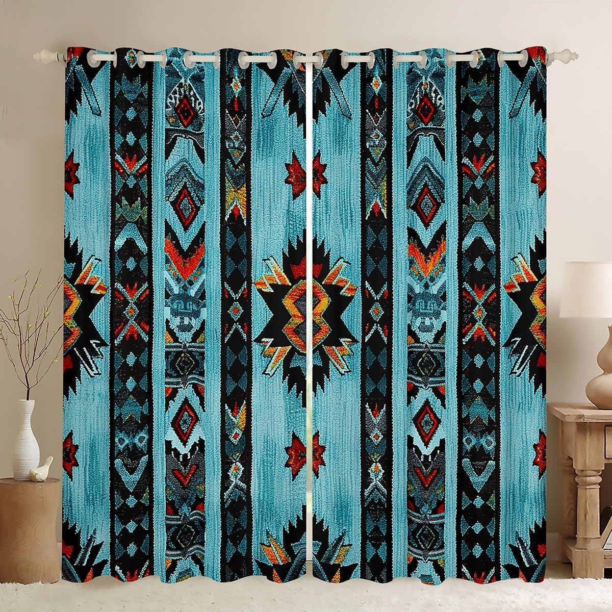 Feelyou Deep Blue Southwestern Darkening Drapes (2 Panels, 42 x 63 Inch) Geometric Curtains for Living Room Tribal Exotic Native American Indian 30%-50% Blackout Curtains Stripe Line Window Treatment