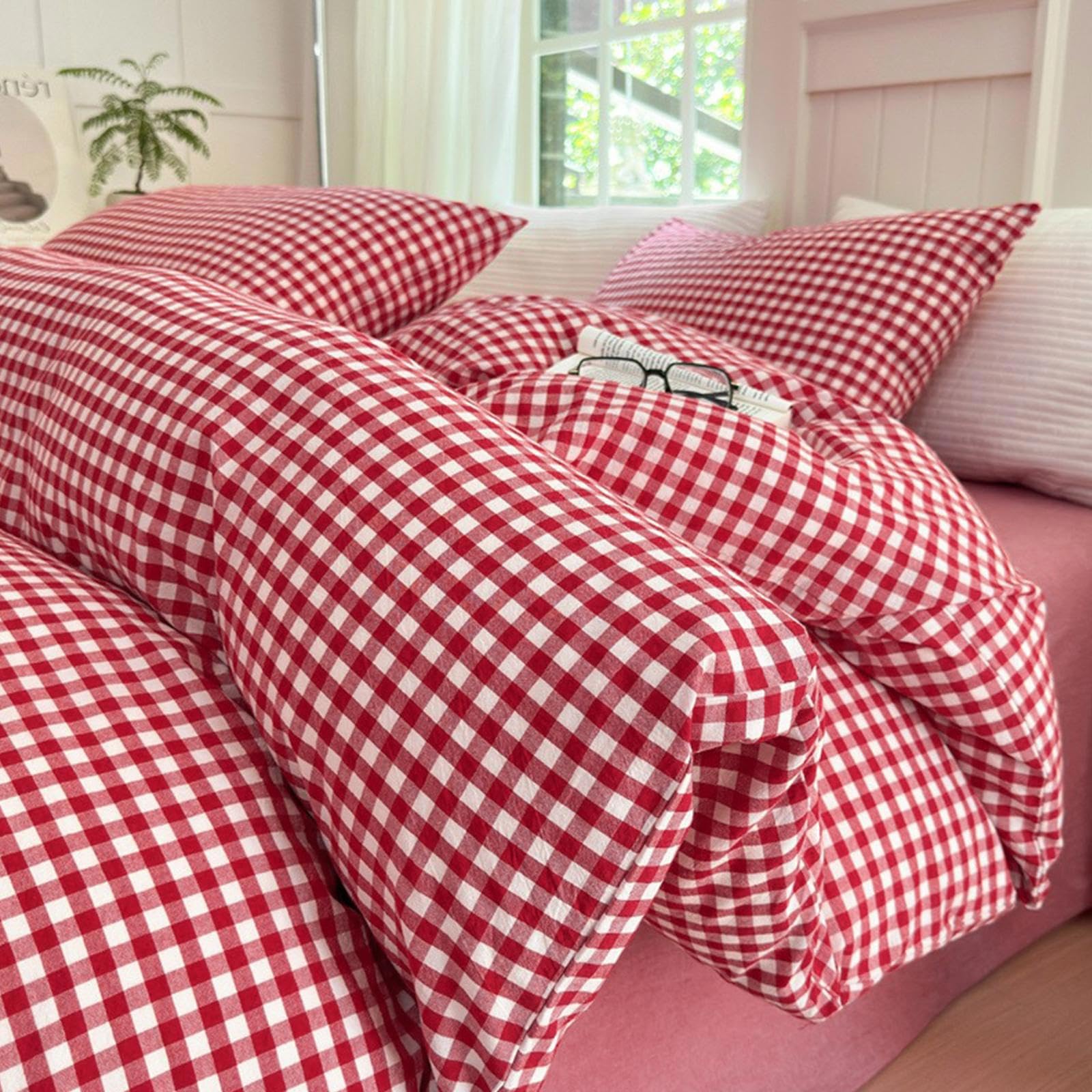 LifeTB Red Gingham Comforter Set Twin XL Modern Style Red Plaid Comforter Set 3 Pieces Soft Fluffy Grid Checkered Pattern Comforter with 2 Pillowcases Farmhouse Gingham Bedding Set Breathable โ image 1