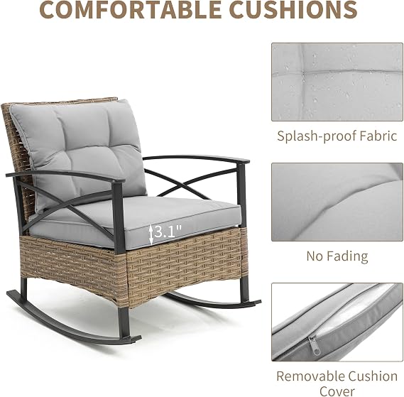 HOMEFUN 3 Piece Patio Furniture Set, Outdoor Rocking Chairs Set of 2 with Thick Cushion, Chairs for Porch Backyard Outside