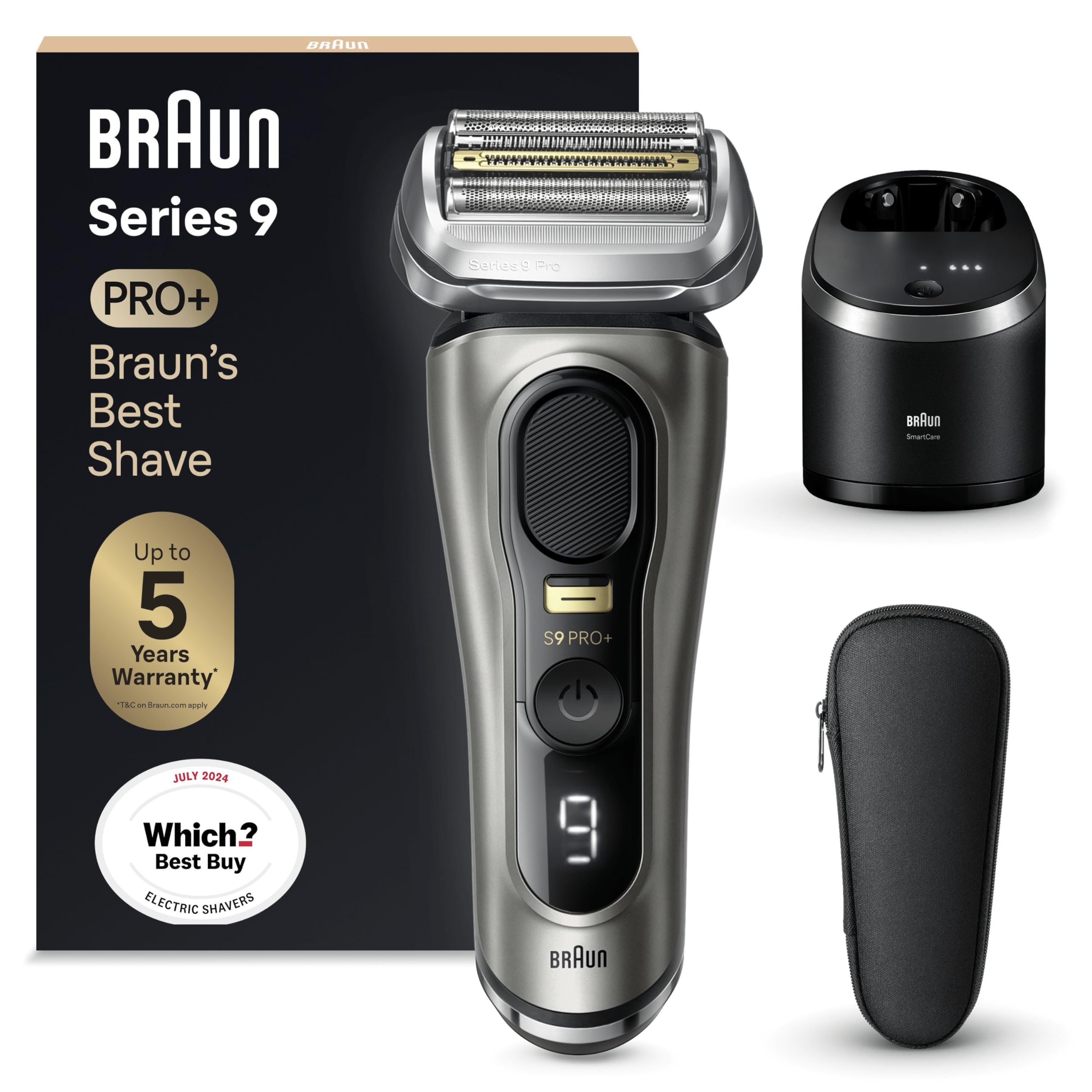 BraunElectric Shaver for Men 9 PRO plus Series, 5 Pro Shave Elements & Precision Long Hair ProTrimmer, SmartCare Center, Wet & Dry Electric Razor with 60min Runtime, Made in Germany, 9465cc, GraphiteGreenCircle Certified: Certified Energy Savings