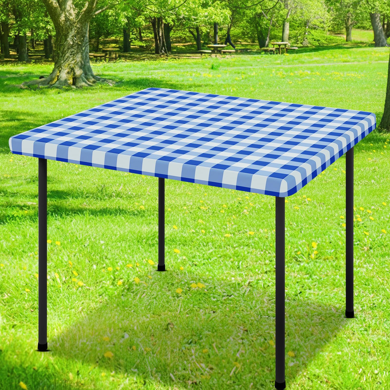 Smiry Square Picnic Table Cloth, Elastic Waterproof Fitted Vinyl Tablecloths, Flannel Backed Buffalo Plaid Table Covers for Dining, Camping, Outdoor (White and Blue, 36" x 36") - tablecloths | Mubboo