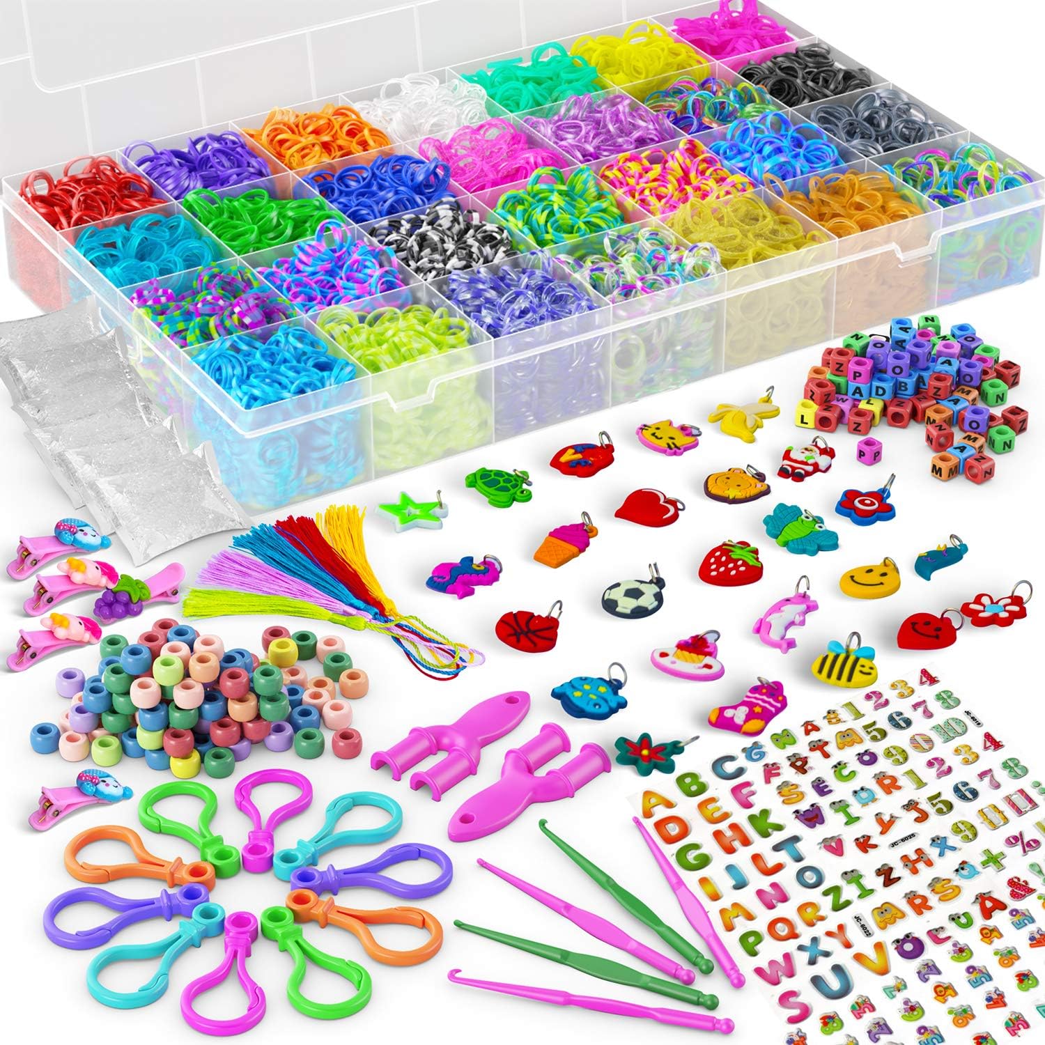 Rubber Band Bracelet Refill Kit - 11000 Premium Loom Bands, 600 S-Clips, 200 Beads, 30 Charms, 52 ABC Beads, 10 Backpack Hook, 5 Crochet, Tassel, Hair Clip รขโฌโ 2Y Loom