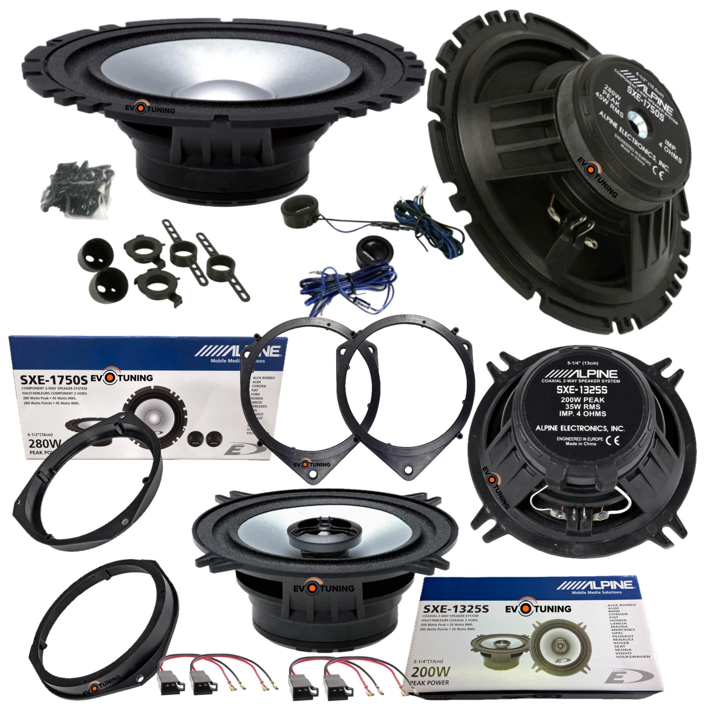 Kit 6 Casse Altoparlanti per Fiat Grande Punto, Punto Evo Anteriori e Posteriori Alpine Sxe 1750S+1325S Set 2 Woofer 165 mm +2 tweeter + 2 Coassiali 13cm +2 Coppie Anelli e Cavi Adattatori