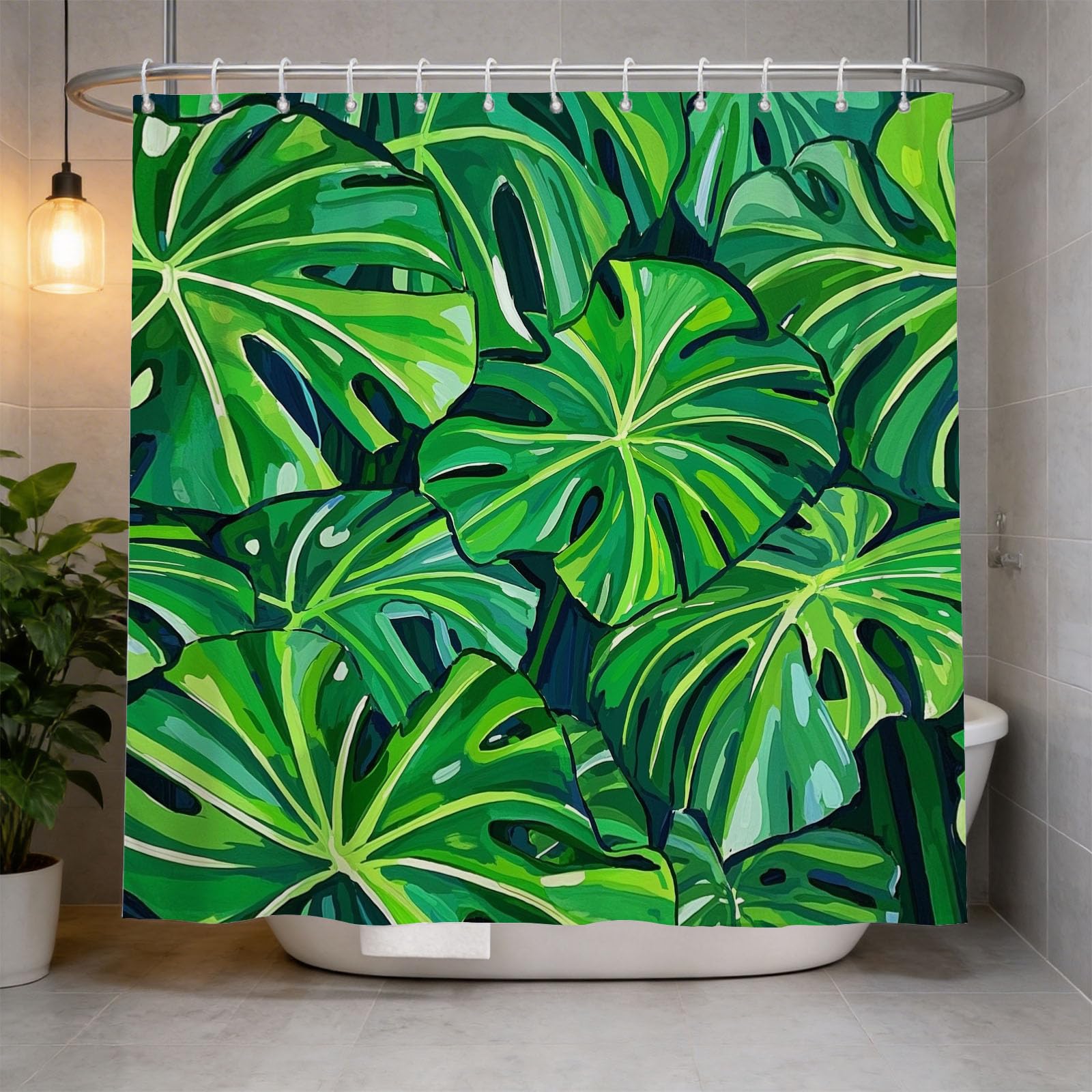 Hongduo 3D Monstera Shower Curtain for Stalls Bathtubs Painting Bathroom Decor Shower Curtain Set Polyester Fabric Waterproof 200x200cm/79X79 Inch with Hooks