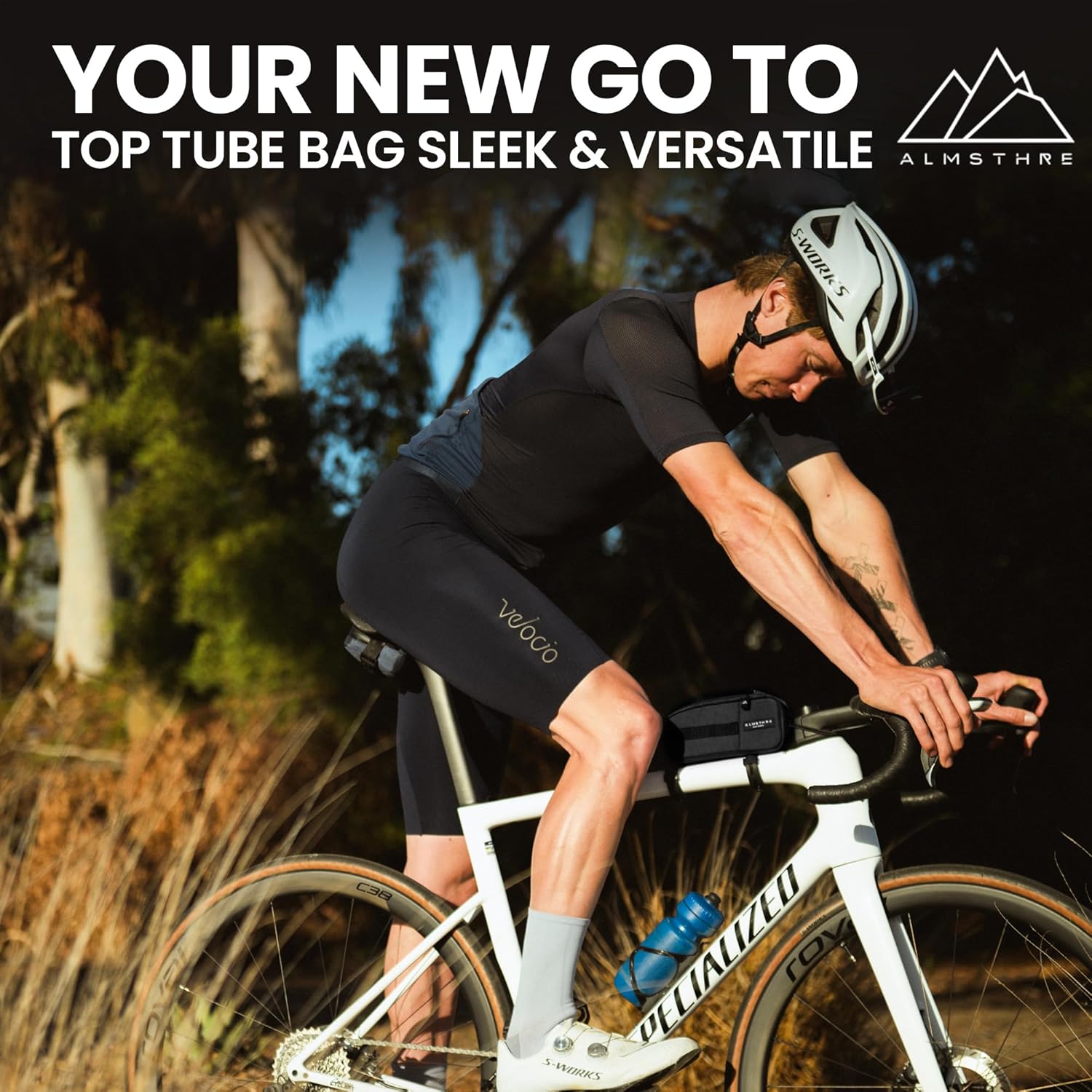 ALMSTHRE Top Tube Bag Bundle - Black | Top Tube Bike Bag, Bike Saddle Bag & Ride Wallet Set | Top Tube Bag with Straps, Bolts & Tether Cord | Waterproof Zippers Across All Items