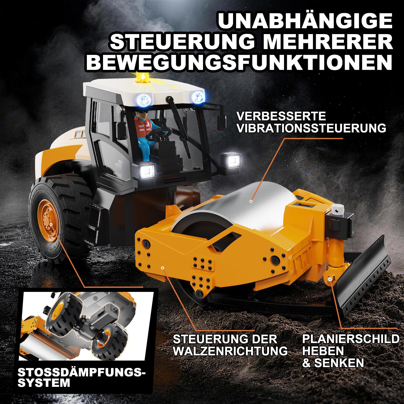 RC Straßenwalze Ferngesteuerte Baumaschine Mini 1:50 Modell mit Metallwalze & Metallschild, 3-stufiger Walzenvibration, 2,4 GHz LCD-Fernbedienung, Licht & Sound, 2 Akkus, RTR für Erwachsene
