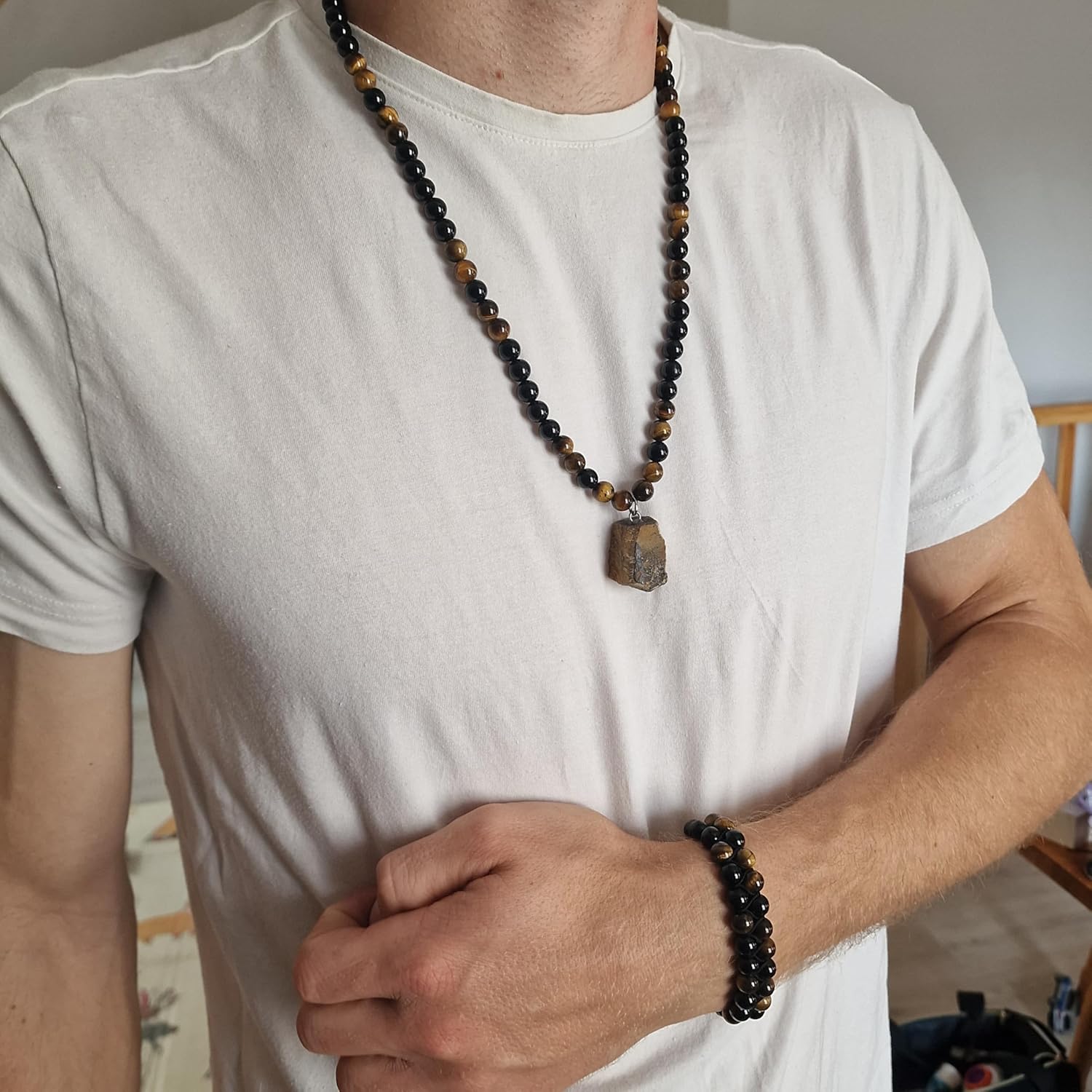 VALHALLA Natural Crystal Black Obsidian Tiger Eye Beads stone Necklace Bracelet set Lucky Amulet Pendant Protection Valentines Gifts for Him