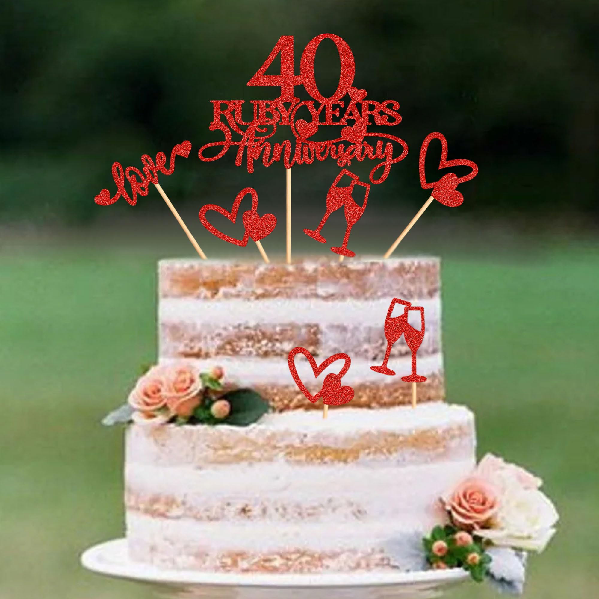 Blumomon 25Pcs 40th Anniversary Cake Toppers Ruby Weddding Anniversary Heart Cake Decoration for 40 Years and Love Celebration Party Supplies - Image 3