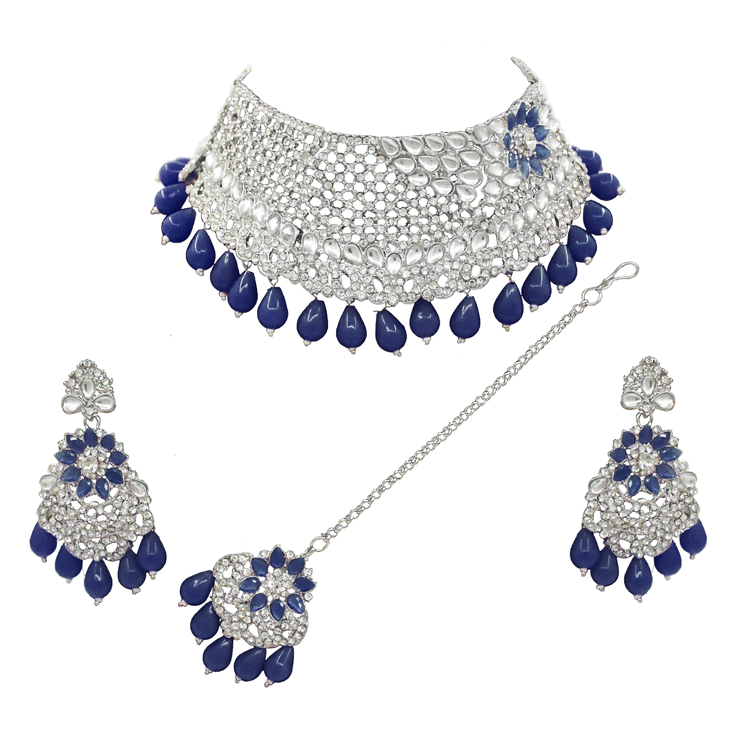 Saiyoni Wedding Collection Trendy Austrian Diamond With Kundan Stone work Choker Necklace Earring with maangtikka jewellery set - Blue (B09NP1P7LT) Amazon Price History, Amazon Price Tracker