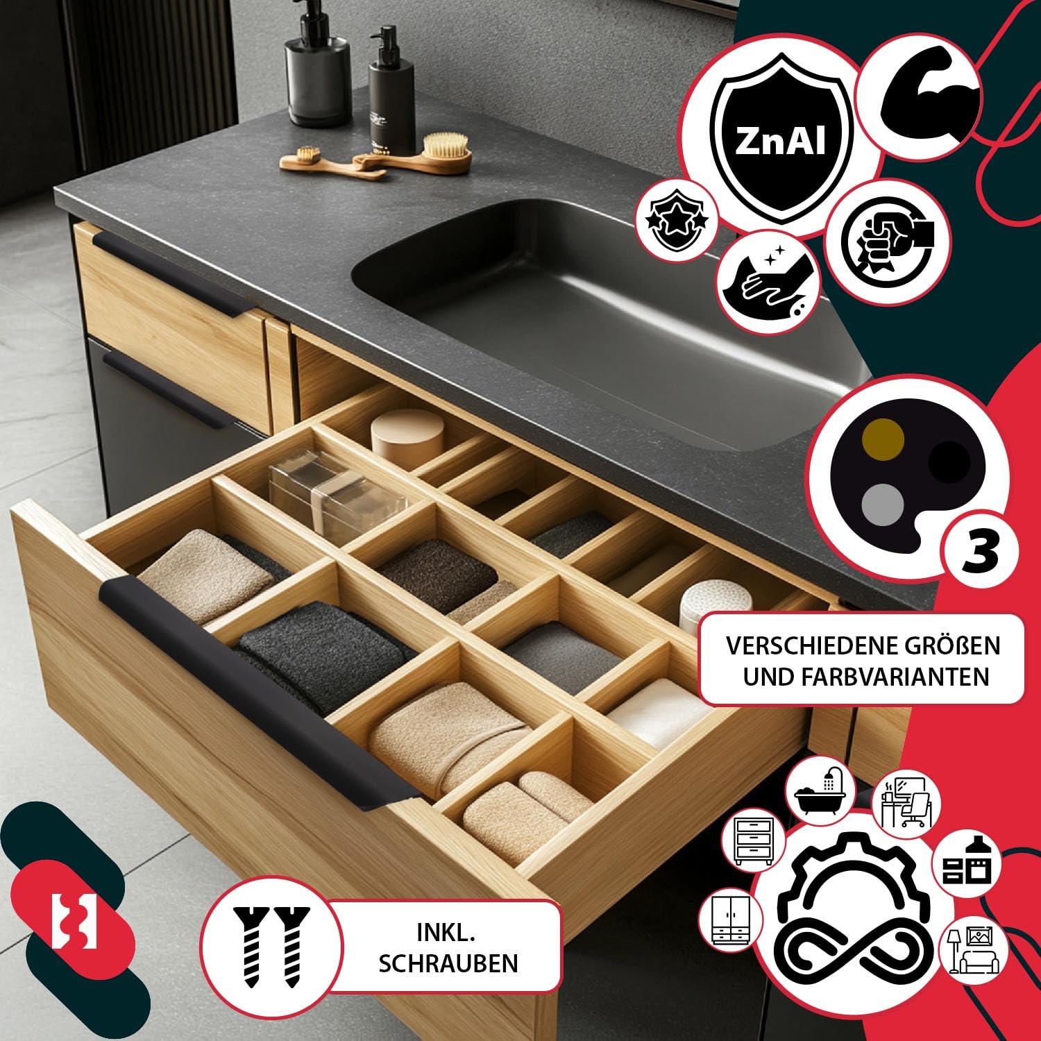 KOTARBAU ZnAl - Set di 6 maniglie per mobili, 340 mm, nero opaco, maniglie a vite posteriori, maniglie per cassetti, cucina, moderno